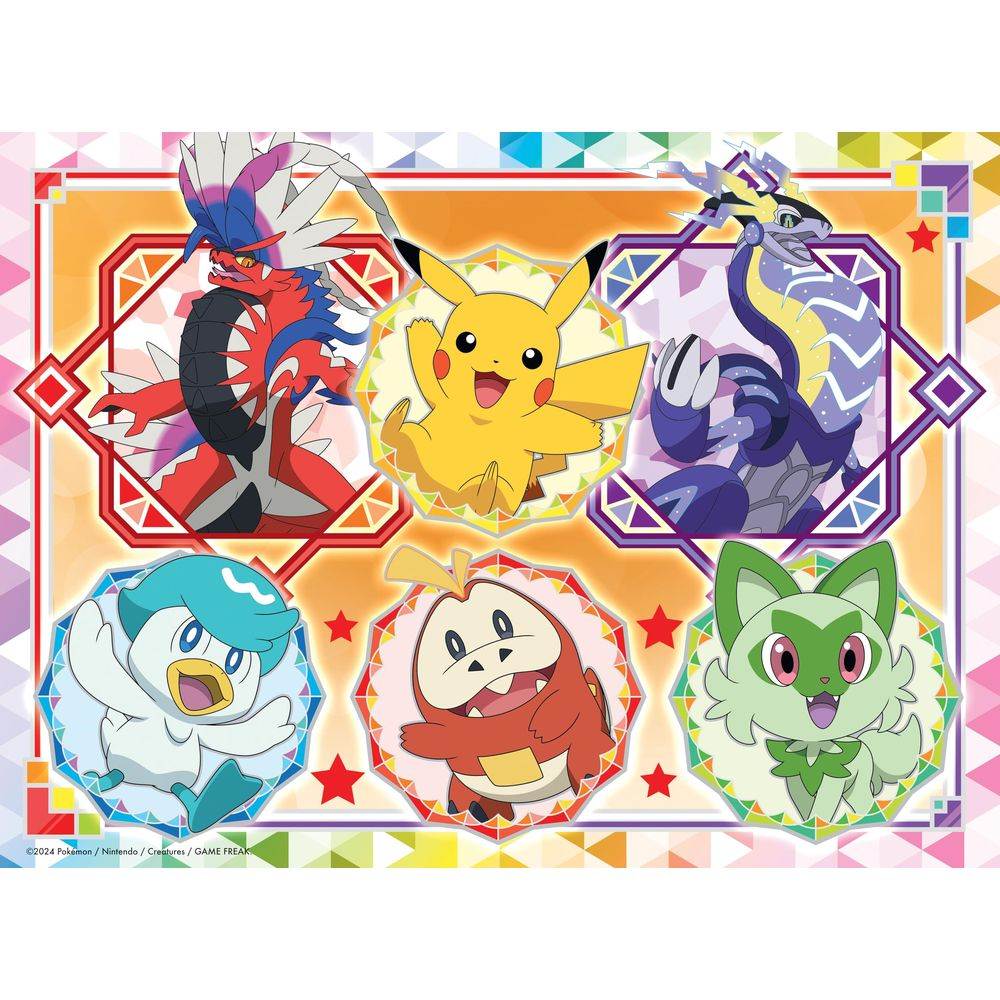 Sześć Pokemonów w kolorowych ramkach: Czerwono-niebieski, Pikachu, Niebiesko-fioletowy, Pingwin, Czerwono-pomarańczowy, Zielony.