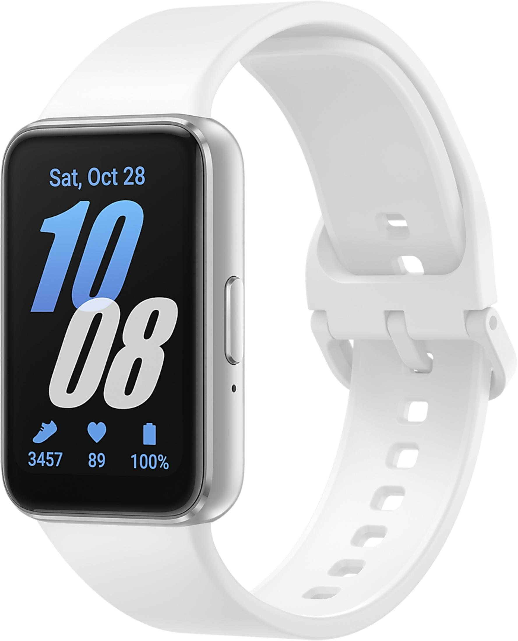 Een witte smartwatch met zilveren behuizing toont tijd, datum en hartslaggegevens.