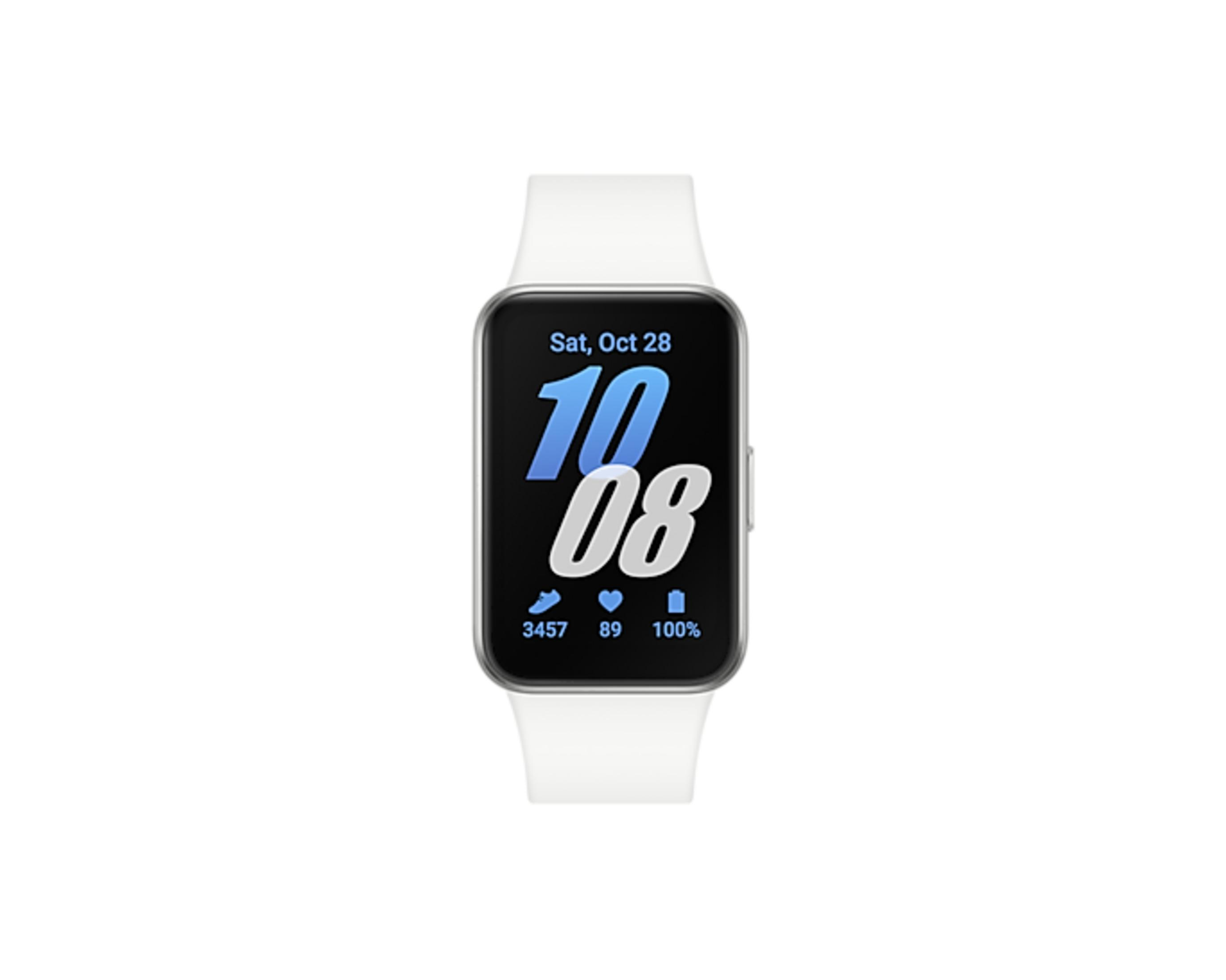 Wit smartwatch met digitale tijd 10:08, datum, stappen, hartslag en batterij.