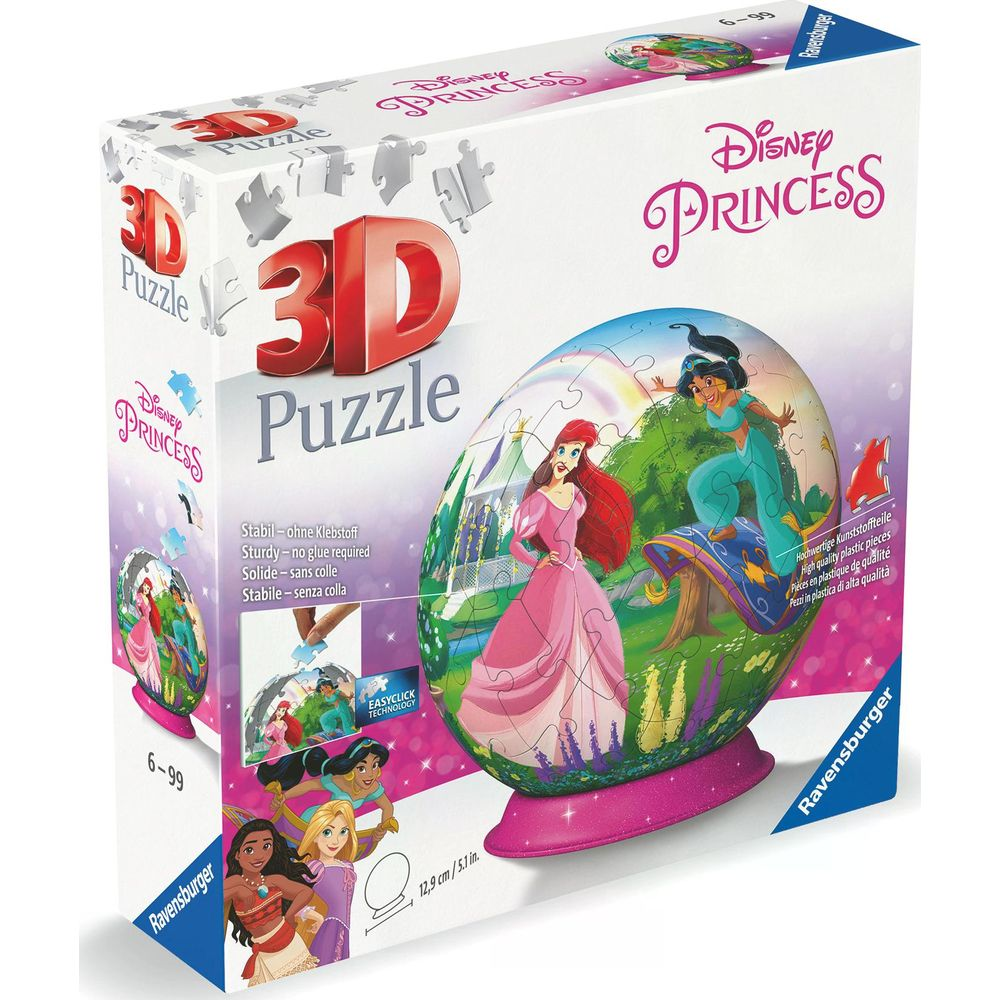 Puzzle 3D Ravensburger z Księżniczkami Disneya Ariel, Jasmine i Roszpunką.