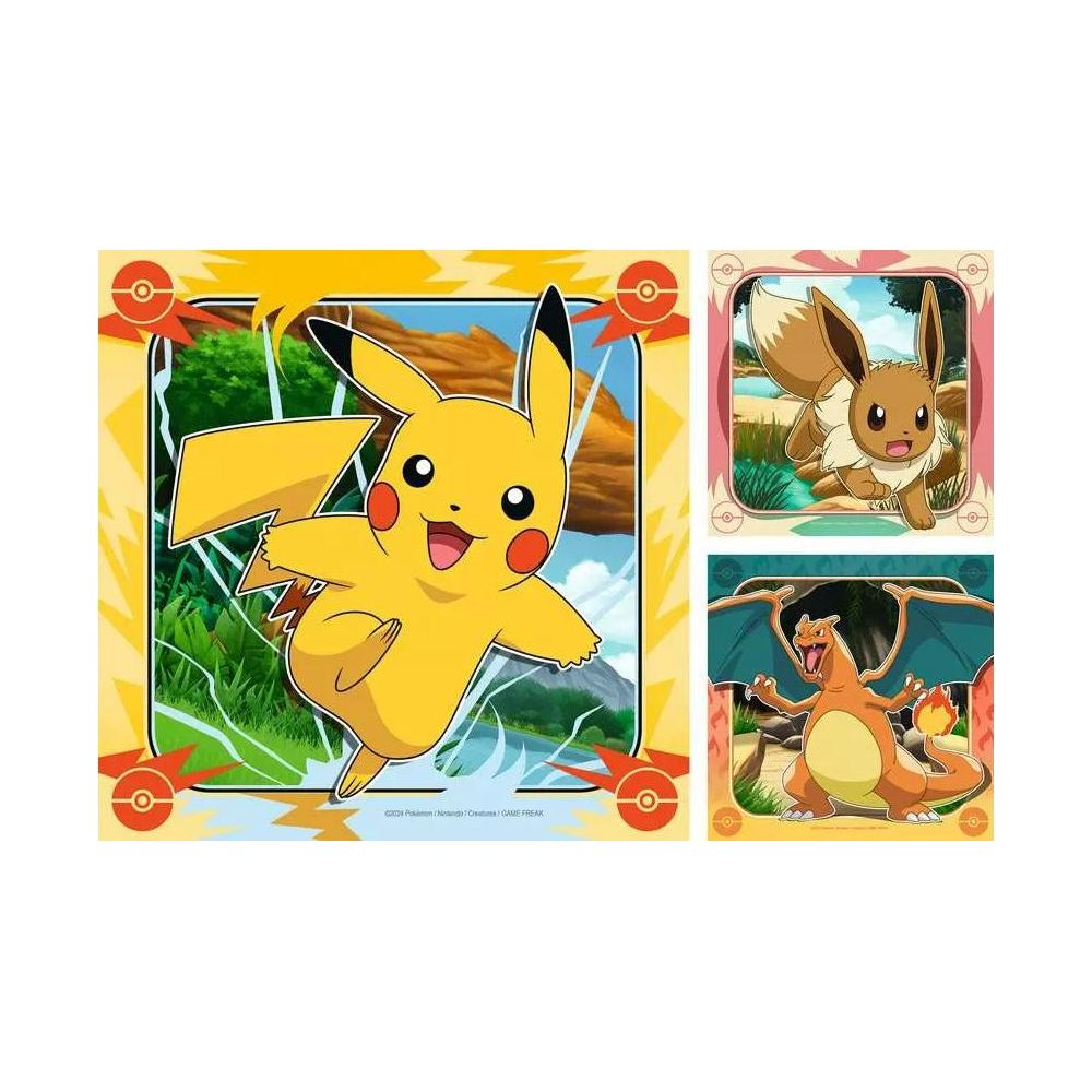 Pikachu, Eevee and Charizard on a yellow background.