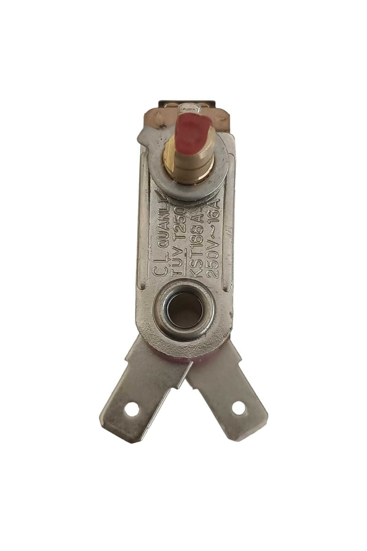 Kırmızı düğmeli metal termostat, etiketli 250V~16A.