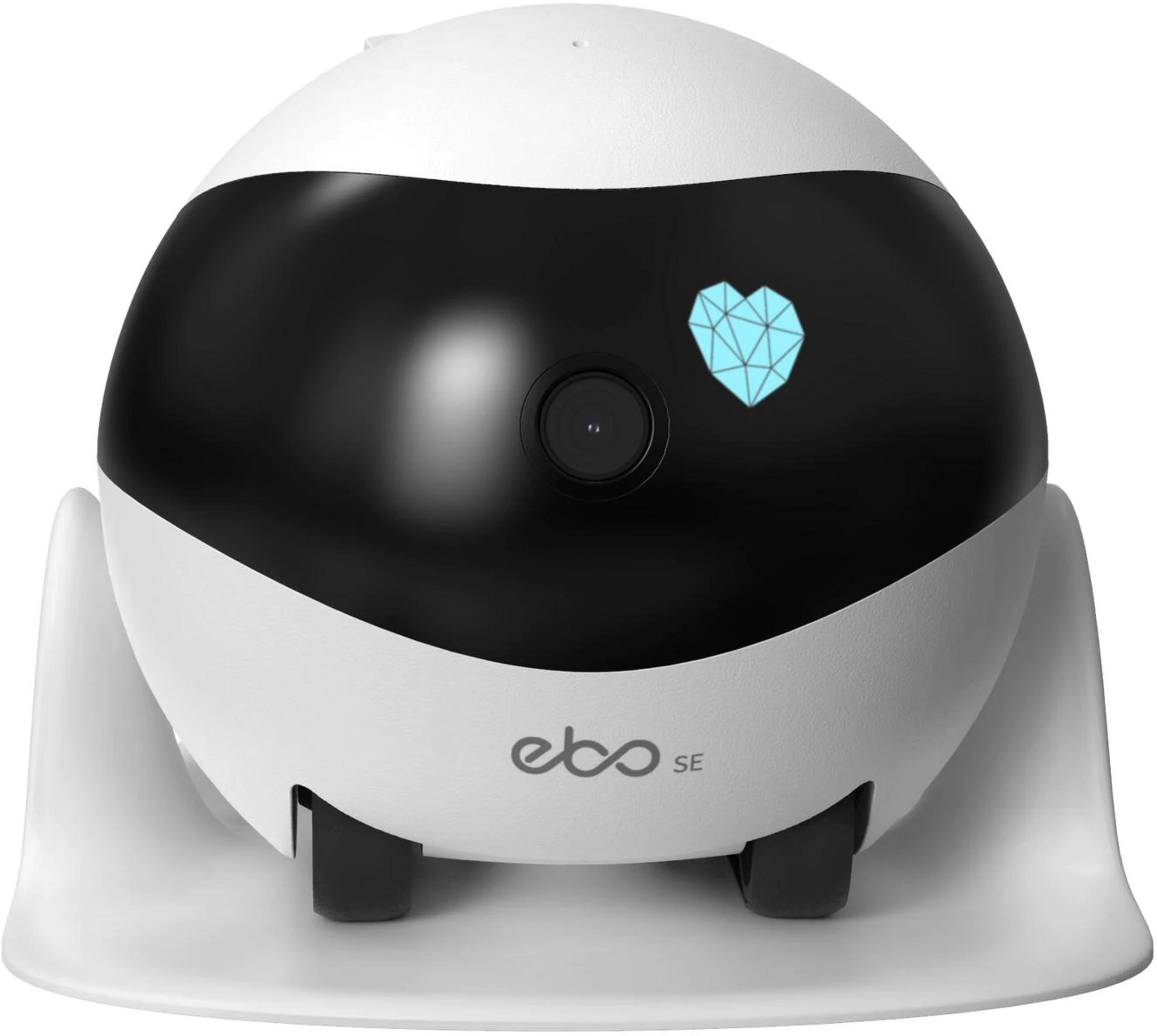 Ein weißer Roboter mit schwarzem Gesicht und blauem Herz-Symbol auf einem Ständer.