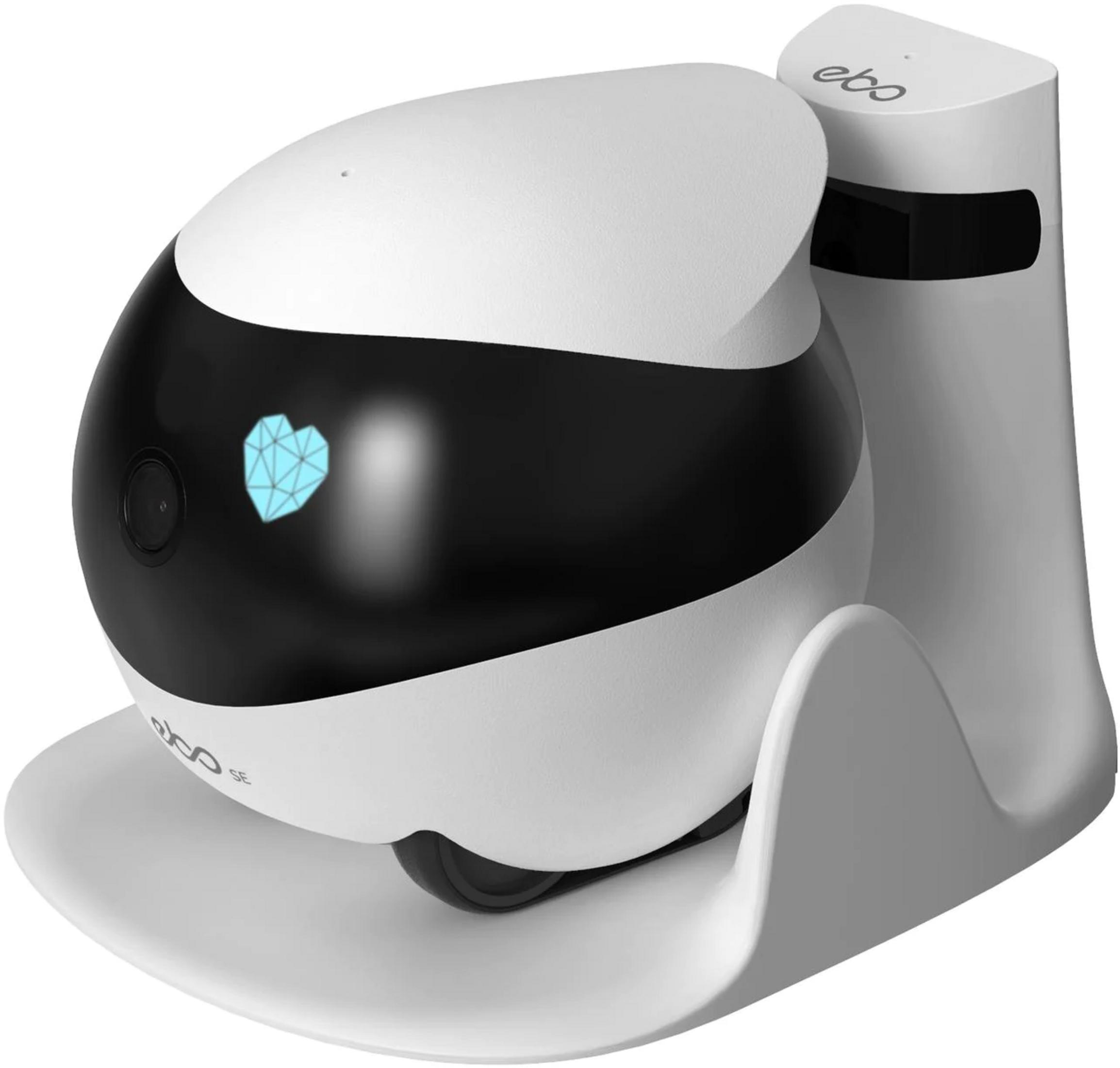 Ein weißer Roboter mit schwarzem Band und blauem Herz-Display steht auf einer Ladestation.