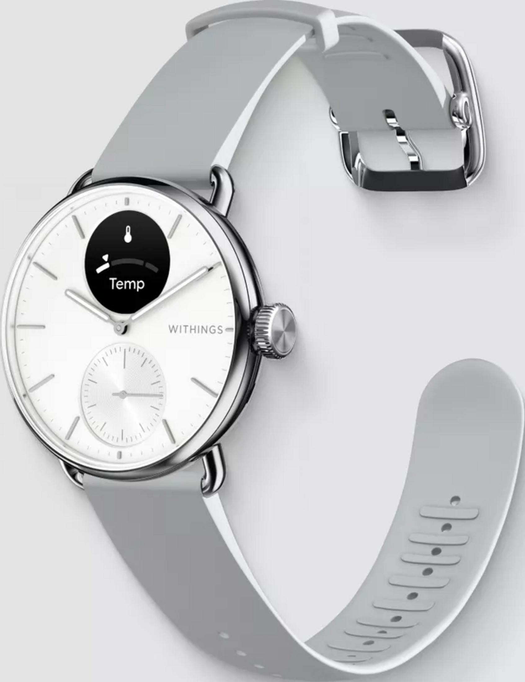 Eine weiße Smartwatch mit grauem Armband und silbernem Zifferblatt.