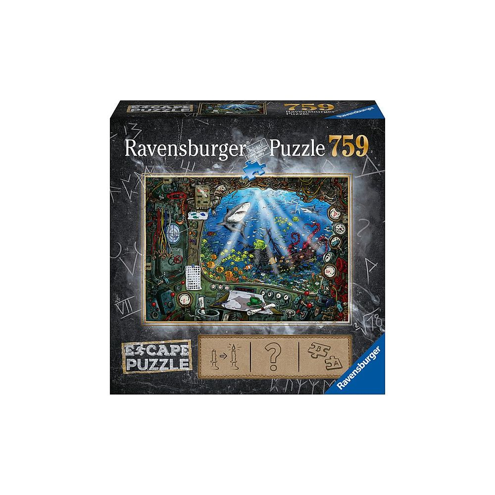 Puzzle Ravensburger Escape z podwodną sceną, rekin, ośmiornica, wrak statku.