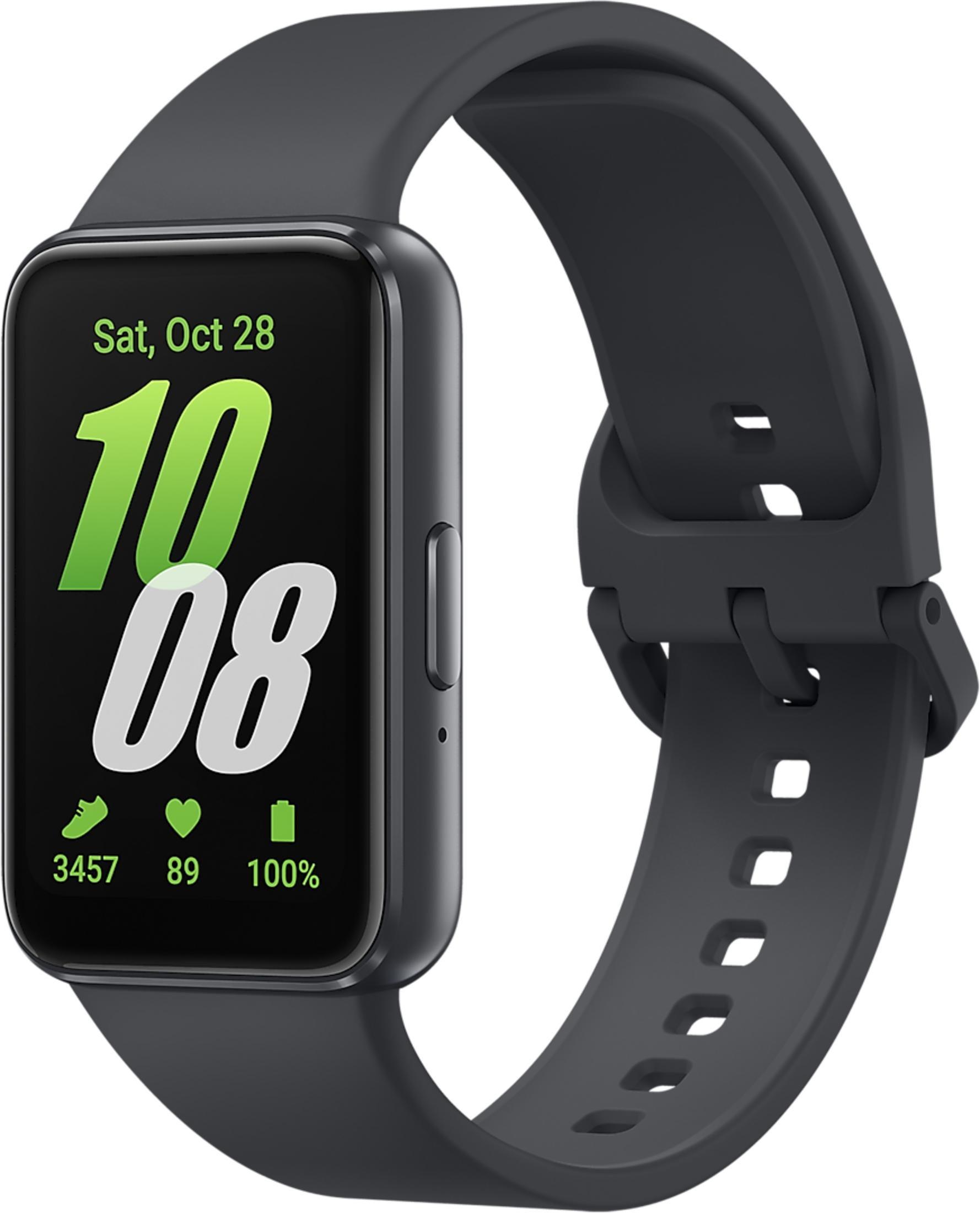 Een grijze smartwatch met een rechthoekig scherm waarop de tijd 10:08 en de datum staan. Fitnessstatistieken.