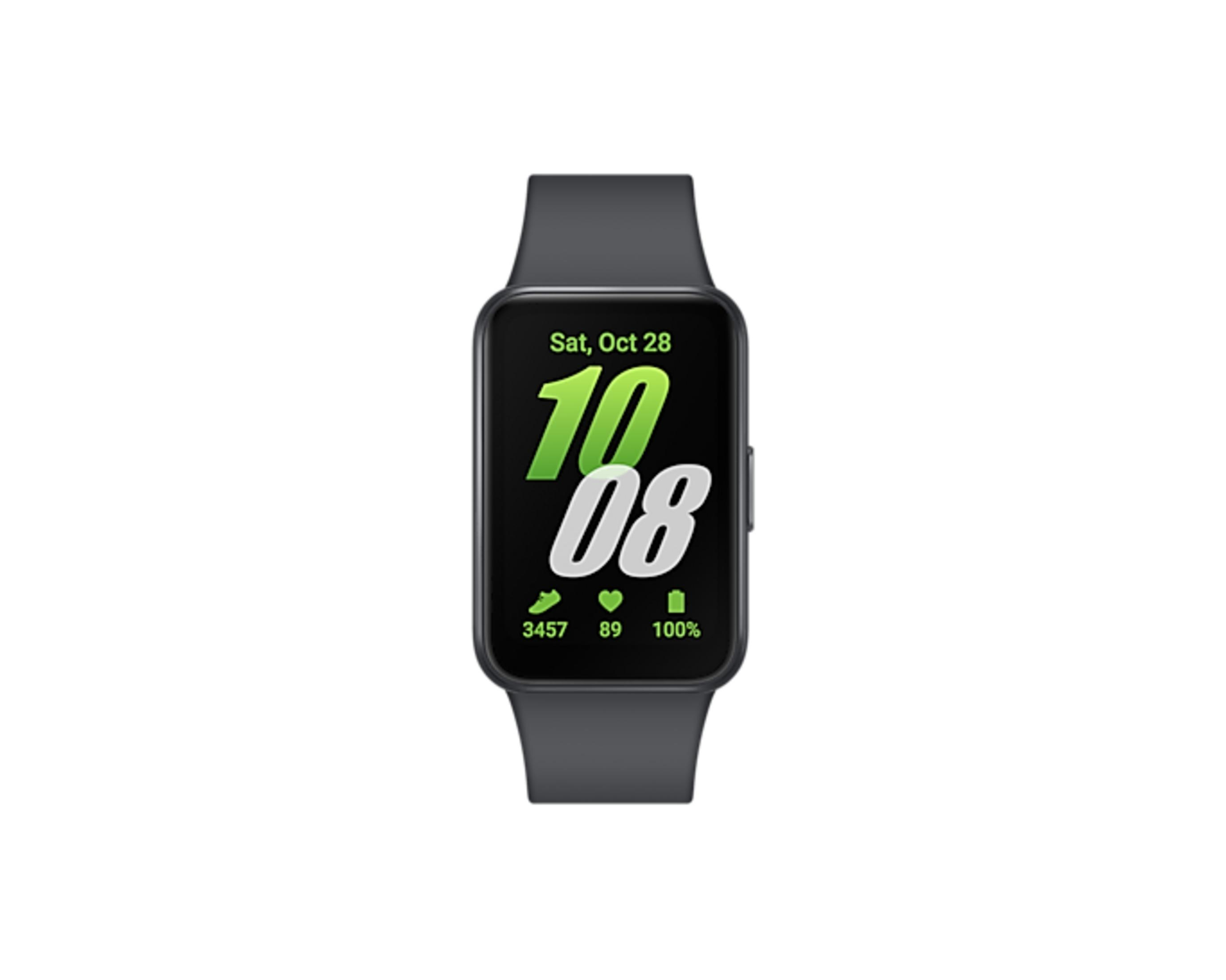 Een grijs smartwatch met zwart bandje toont 10:08, datum, stappen, hartslag en batterij.