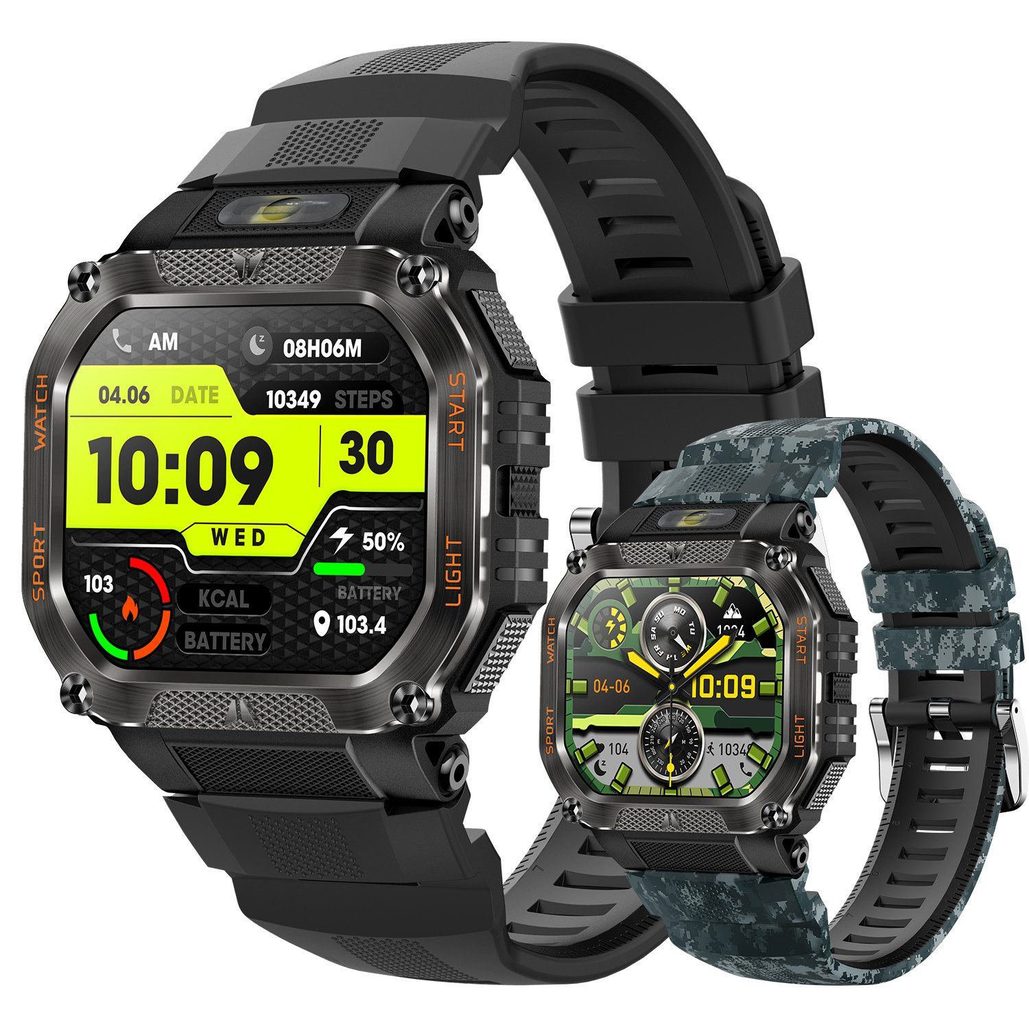 Zwei Smartwatches mit rechteckigen Displays und digitalen Zifferblättern.