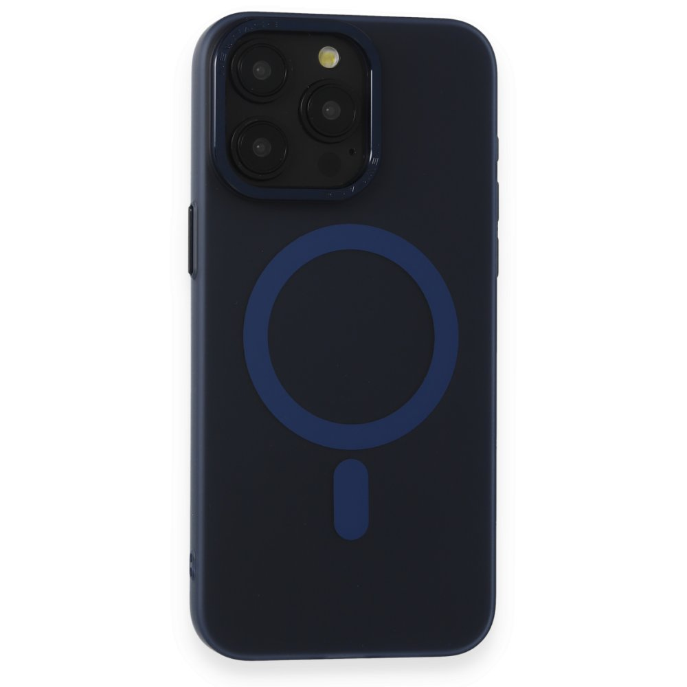 Kamera modülü ve manyetik şarj halkası olan lacivert telefon kılıfı.