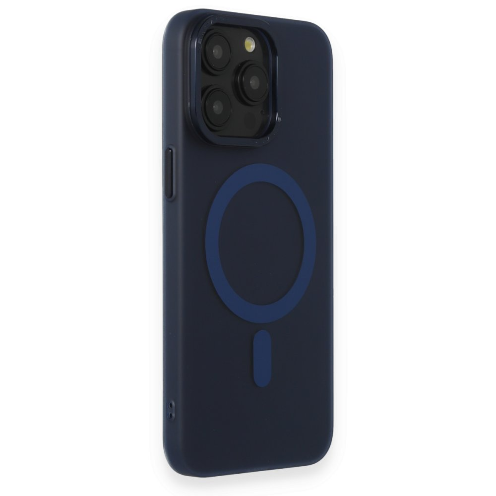 Kamera sistemli ve manyetik halkalı lacivert telefon kılıfı.