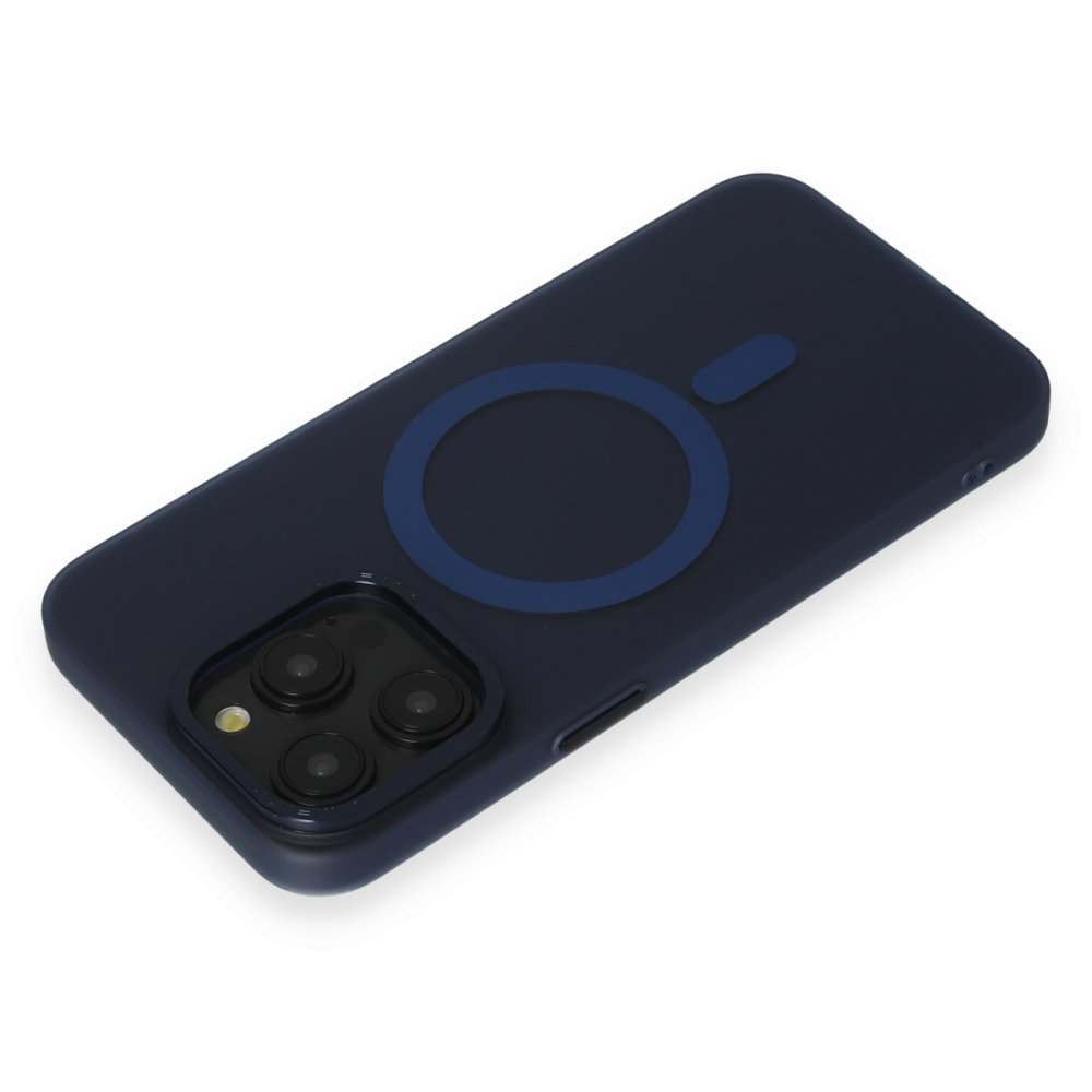 Kamera modülü ve manyetik halkalı lacivert telefon kılıfı.