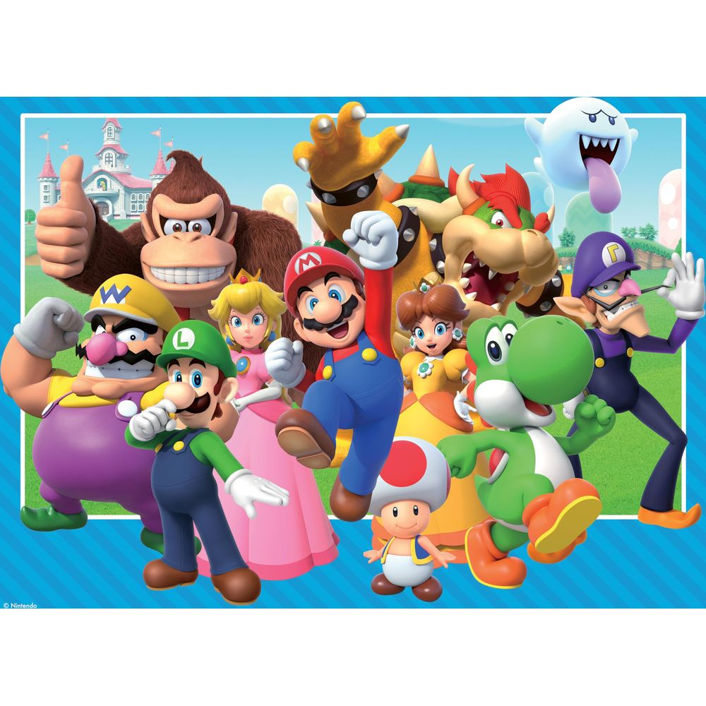 Mario, Luigi, Peach, Yoshi, Donkey Kong e altri personaggi stanno insieme.