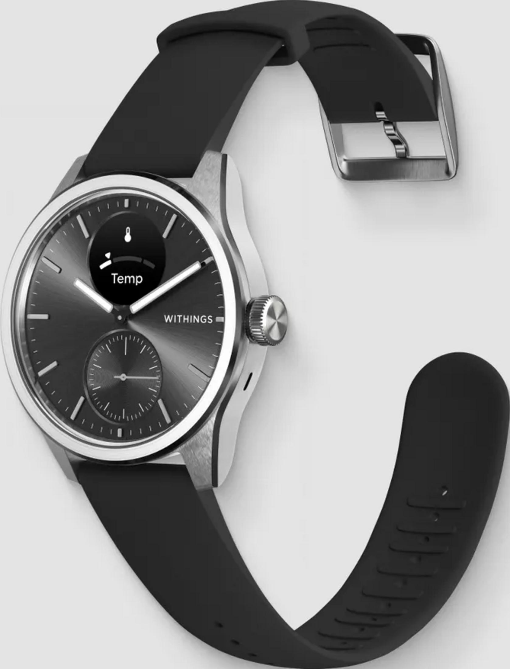 Eine stilvolle Uhr mit schwarzem Armband und silbernem Gehäuse.