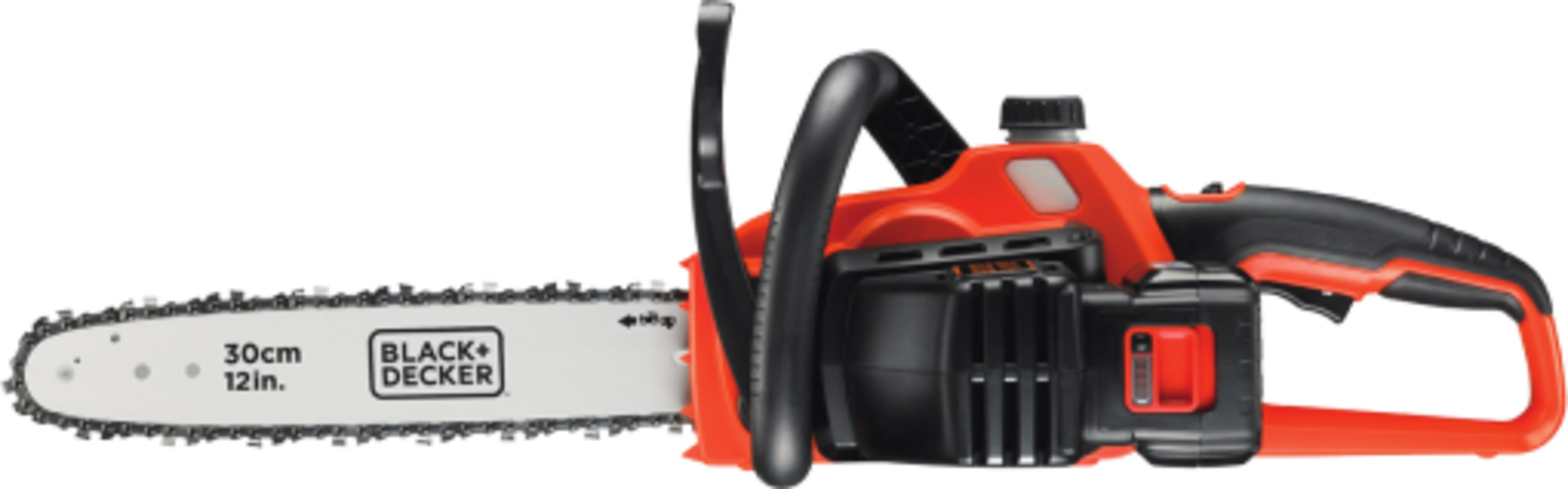 Eine orange-schwarze Kettensäge mit 30cm/12in-Schiene, BLACK+DECKER-Logo.
