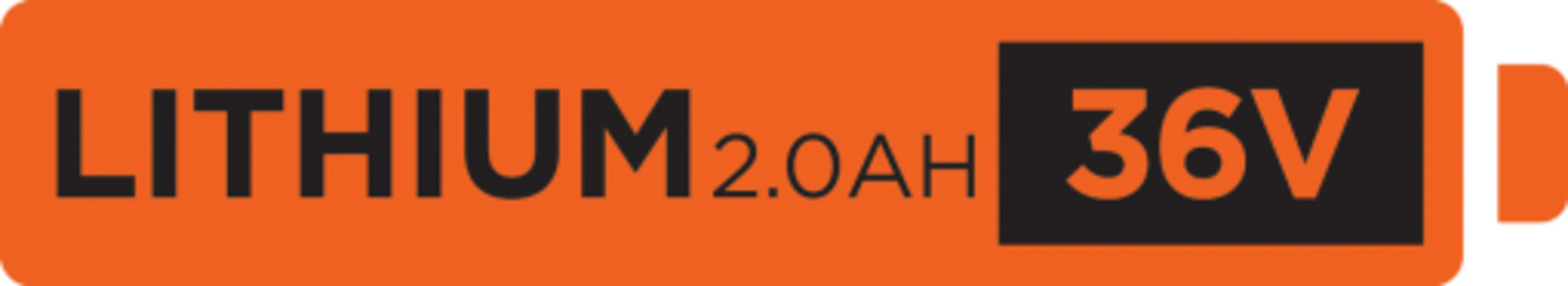 Orangefarbener Aufkleber mit schwarzem Text: LITHIUM 2.0AH 36V.