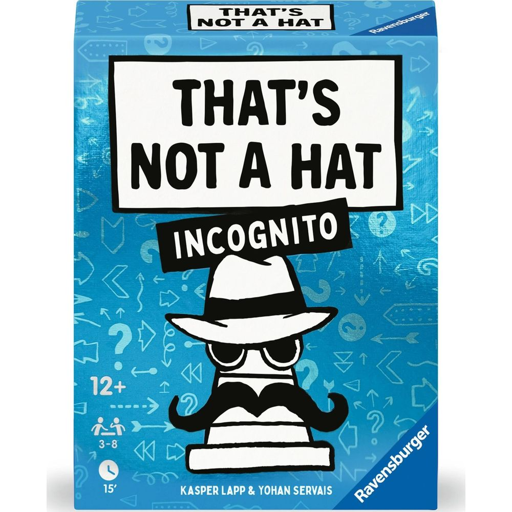 Scatola del gioco da tavolo 'That's Not a Hat Incognito'. Presenta un personaggio dei cartoni animati con cappello.