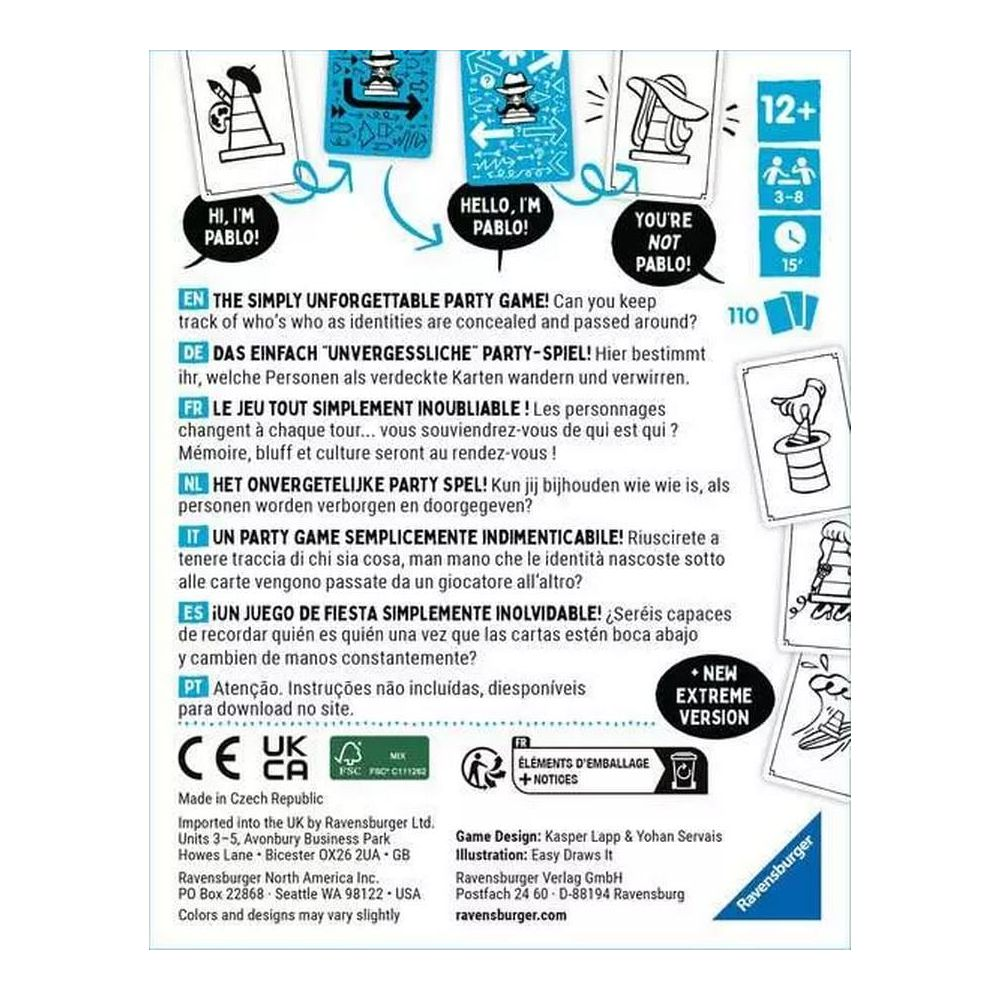 Scatola gioco multilingue, 12+, 3-8 giocatori, 15 min.