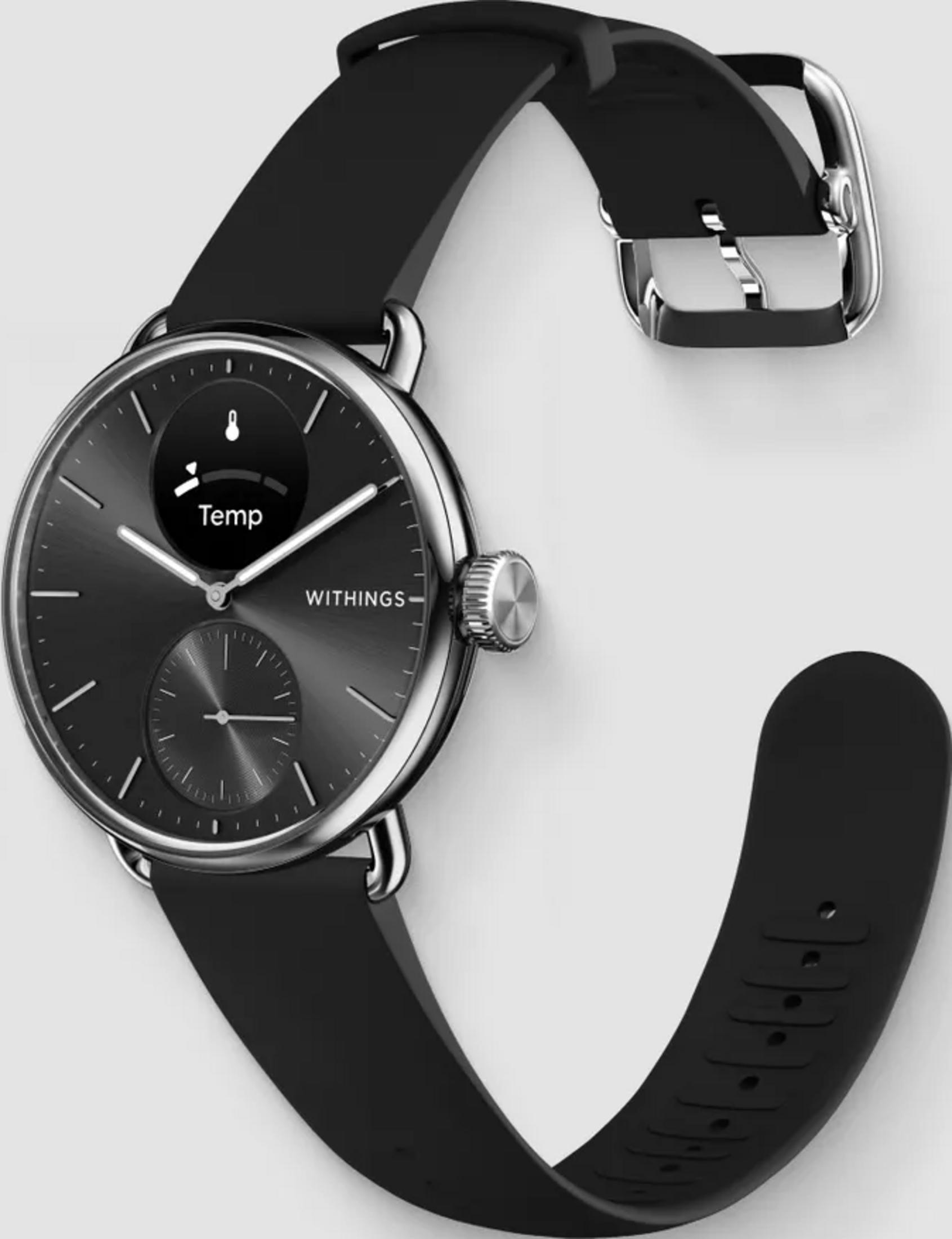 Eine schwarze Smartwatch mit silbernem Gehäuse und Zifferblatt, das die Temperatur anzeigt.