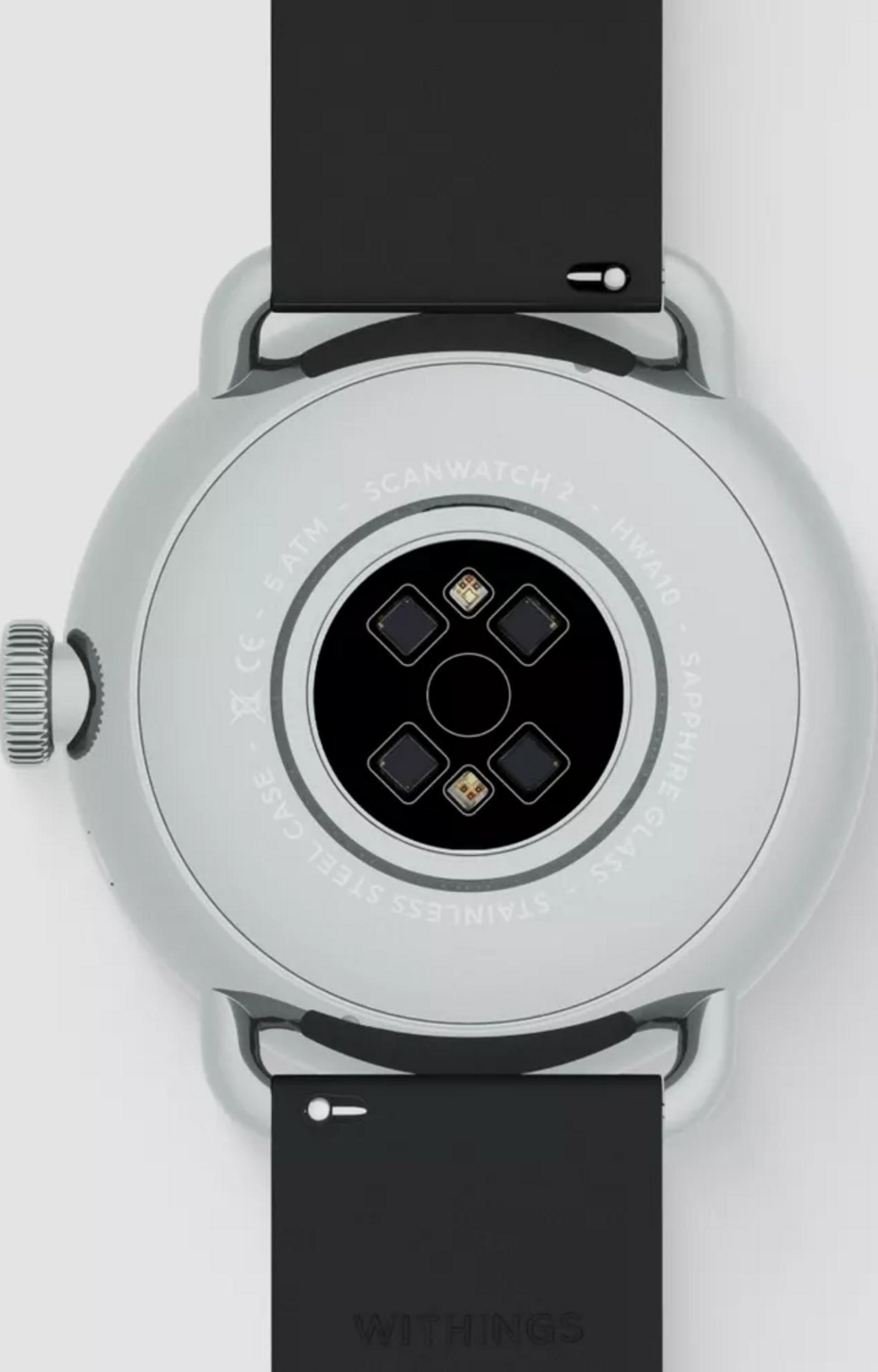 Rückseite einer silbernen Smartwatch mit schwarzem Armband und Herzfrequenzsensoren.