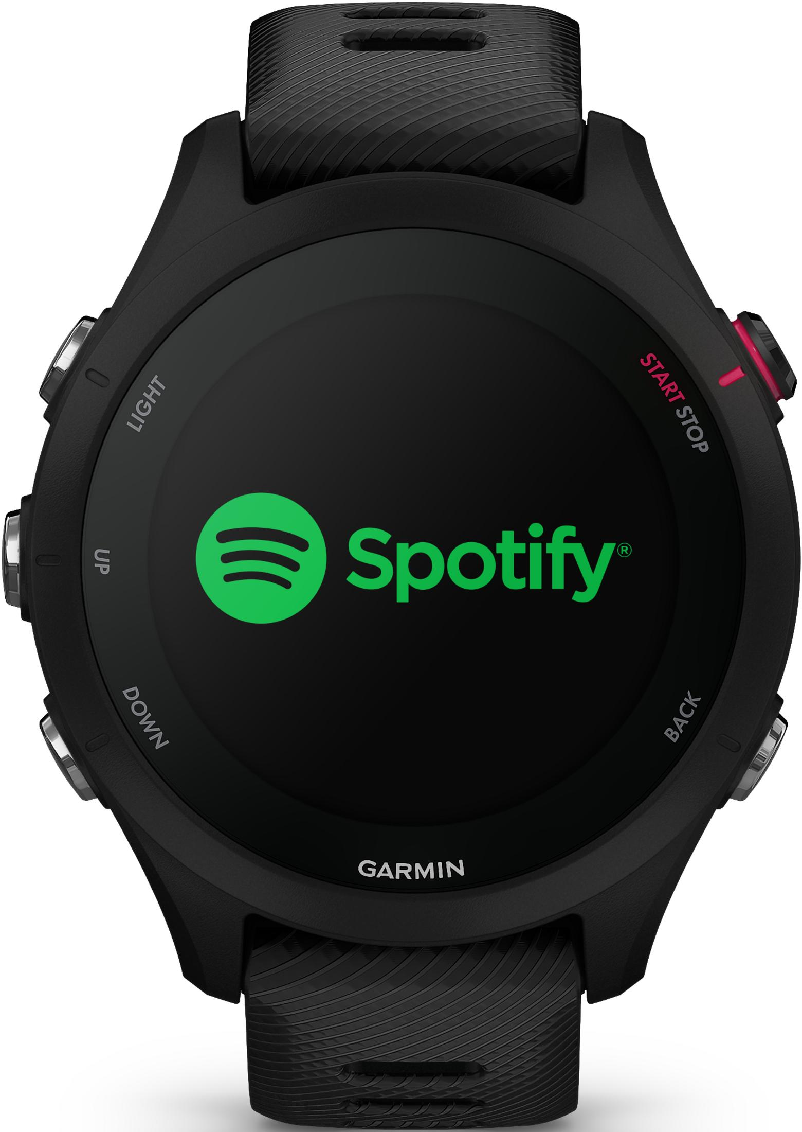 Schwarze Smartwatch mit Spotify-Logo auf dem Bildschirm.