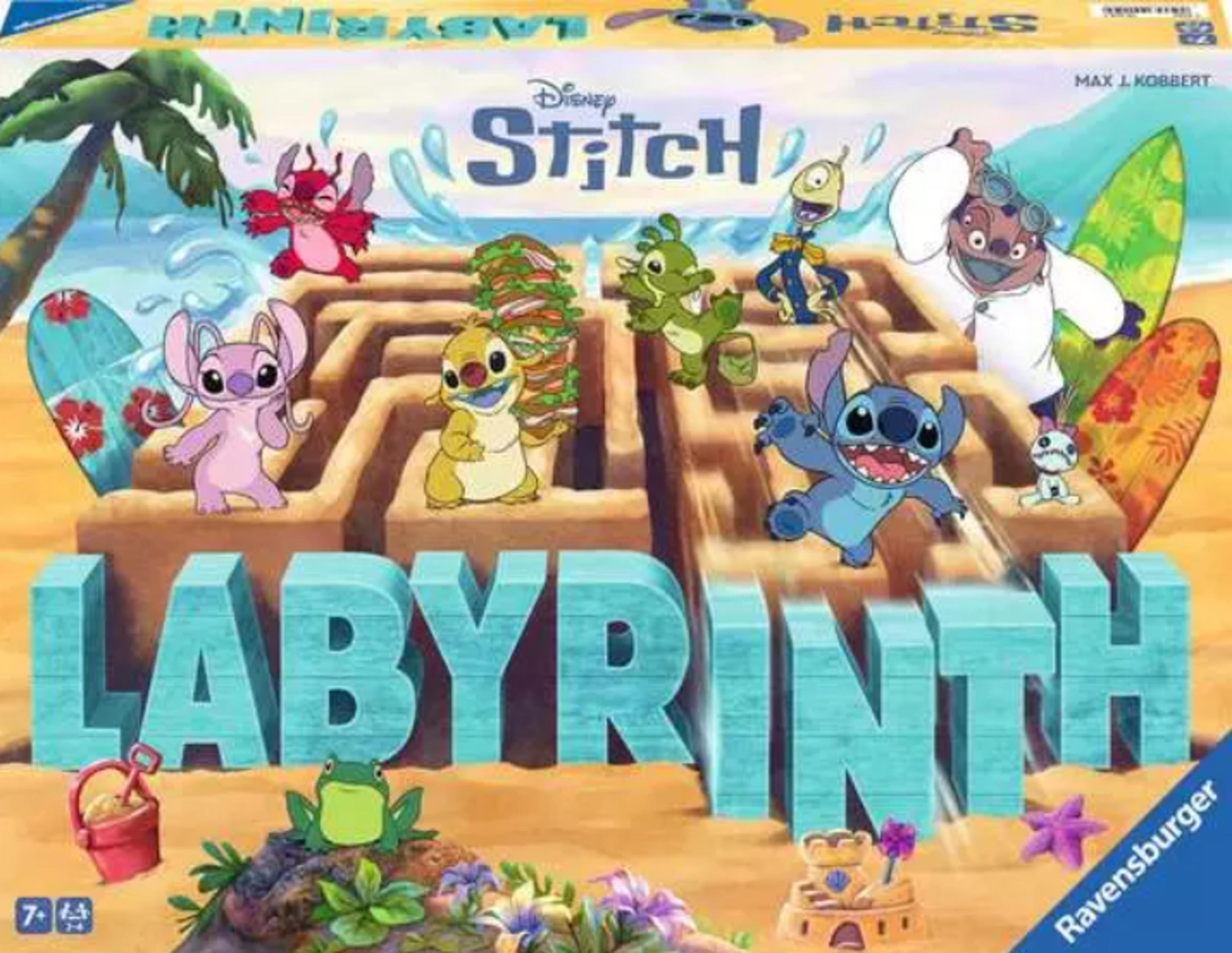 Stitch Labyrinth bordspel cover met personages op een zandstrand.