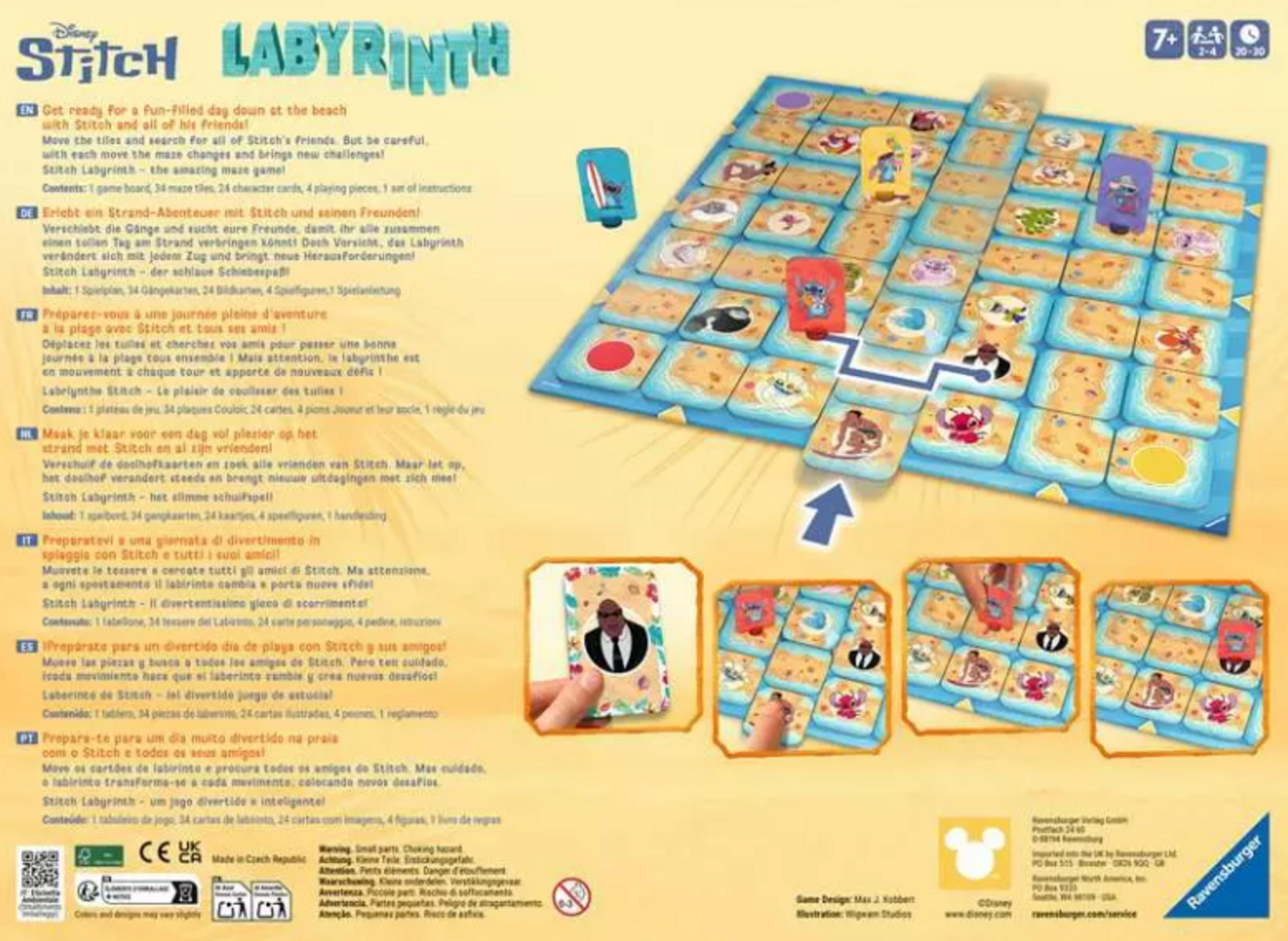 Stitch Labyrinth bordspel met kleurrijke tegels en speelfiguren.