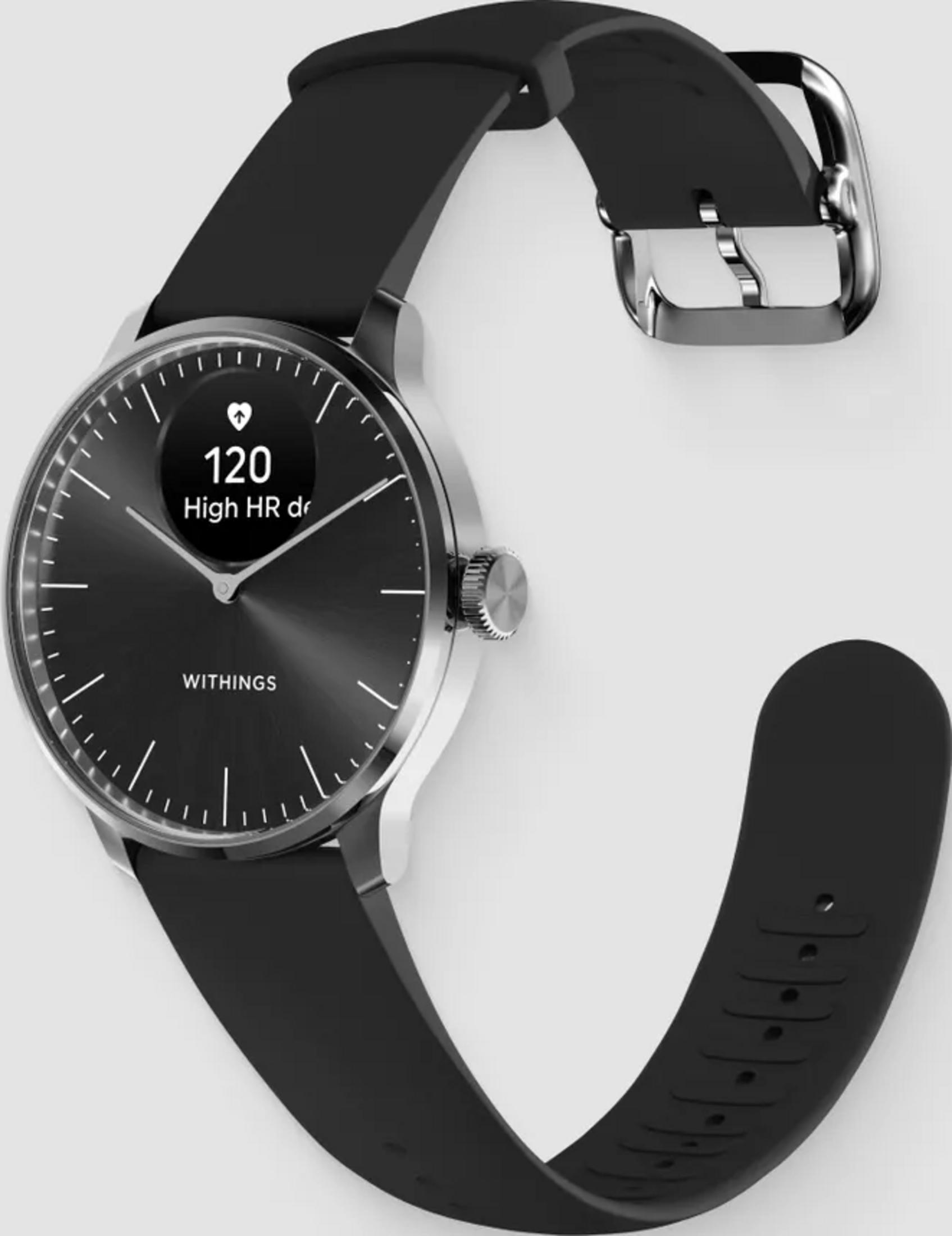 Czarny smartwatch ze srebrną kopertą i paskiem, pokazuje 120 HR.