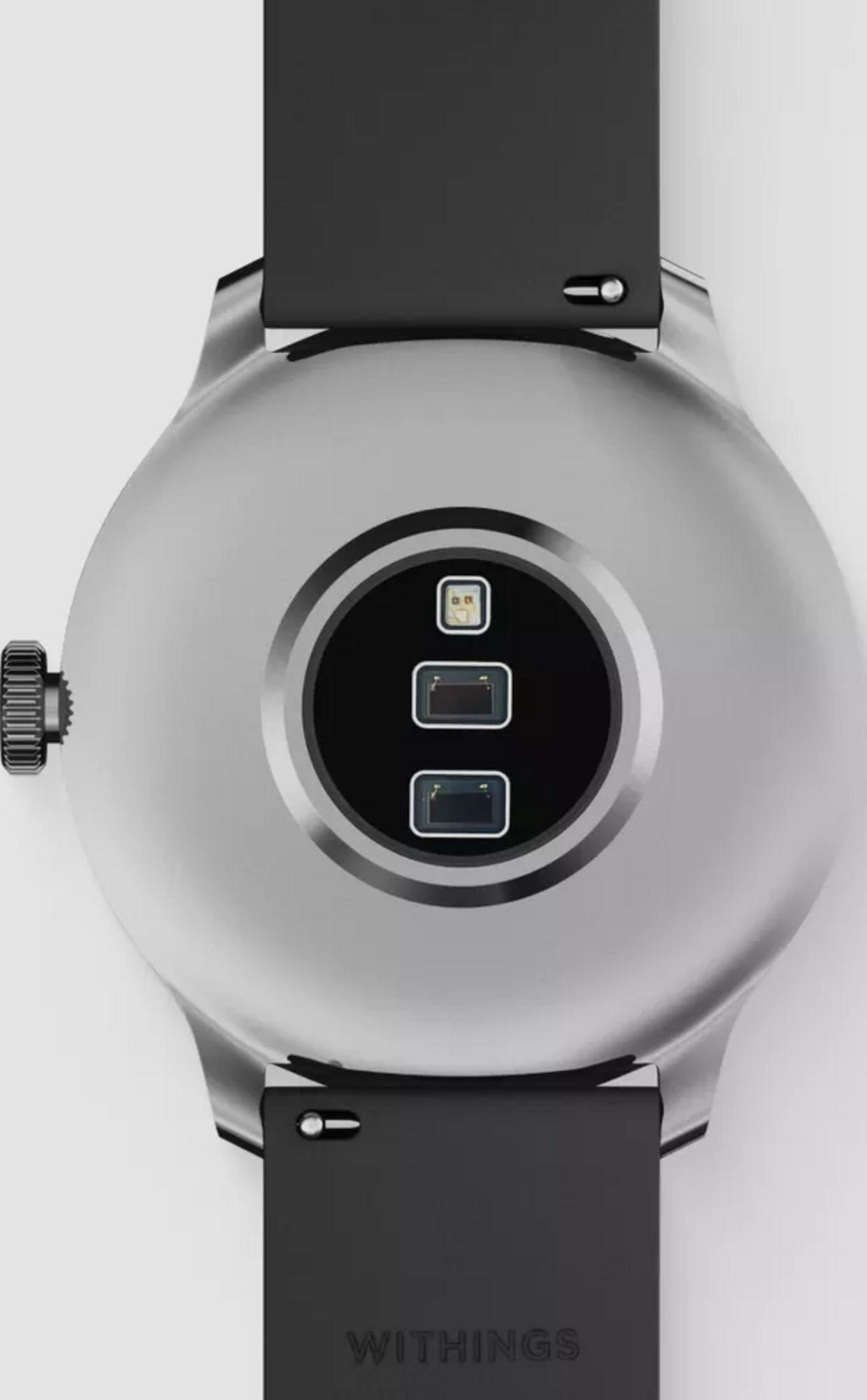 Tył smartwatcha z trzema czujnikami i czarną opaską.