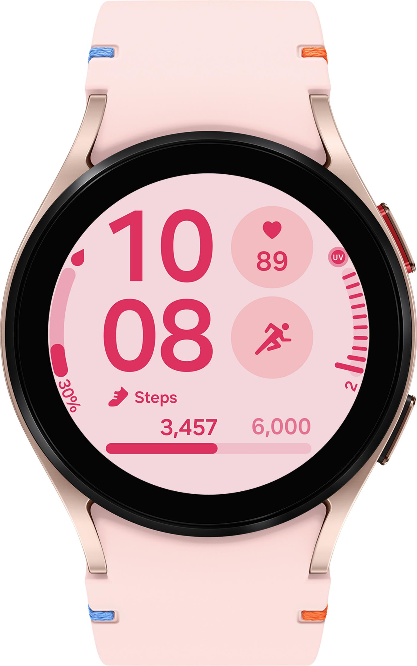 Różowy smartwatch wyświetla 10:08, 89 uderzeń serca, kroki i wskaźnik UV.