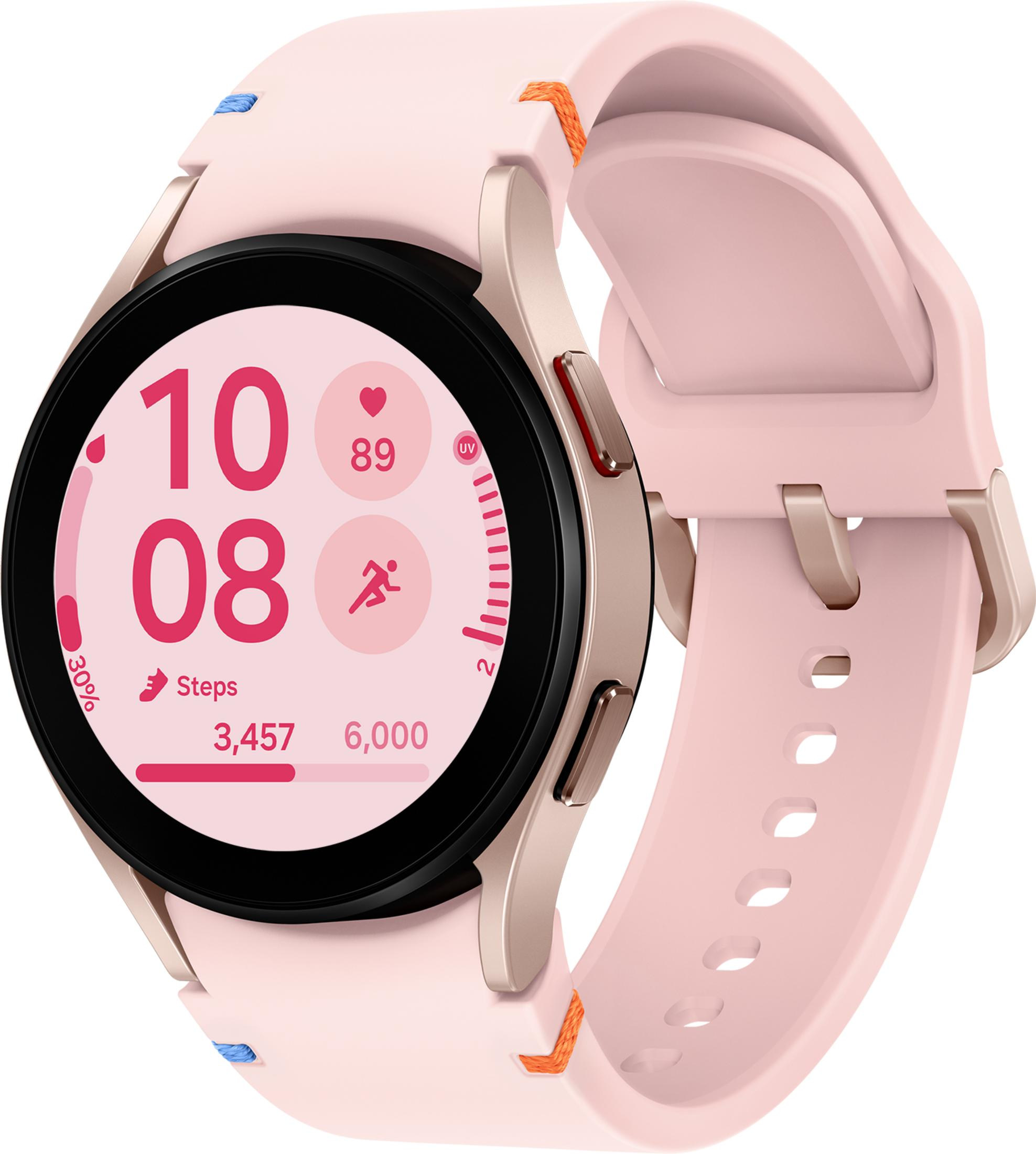 Różowy smartwatch z jasną tarczą pokazującą godzinę 10:08 i statystyki.