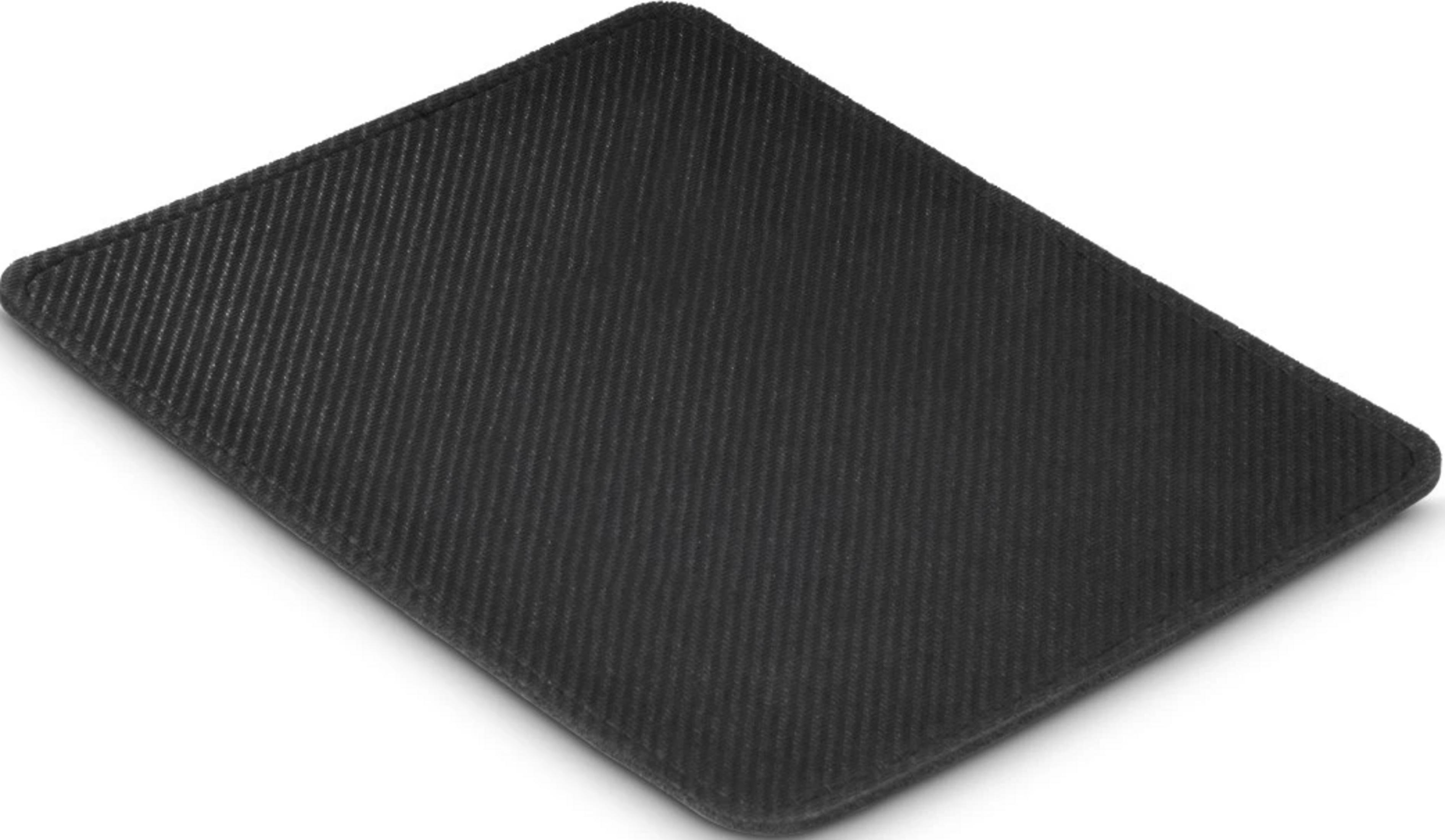 Schwarze Mausunterlage mit gerippter Textur und abgerundeten Ecken.