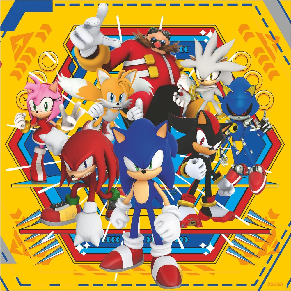 Sonic, Tails, Knuckles, Amy, Eggman, Shadow, Silver e Metal Sonic sono davanti a uno sfondo giallo.