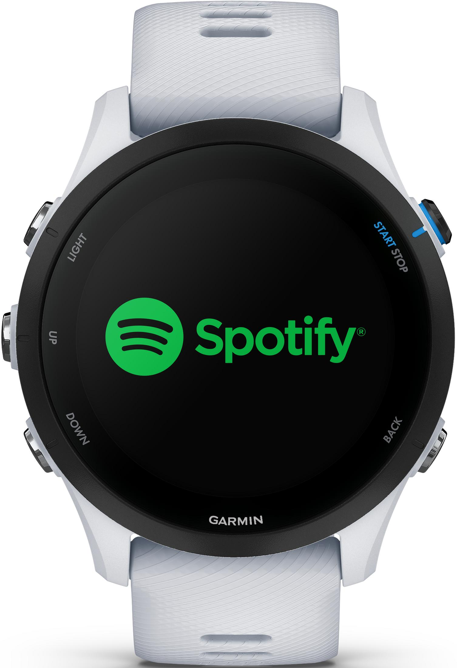 Eine weiße Garmin-Smartwatch mit dem Spotify-Logo auf dem schwarzen Bildschirm.