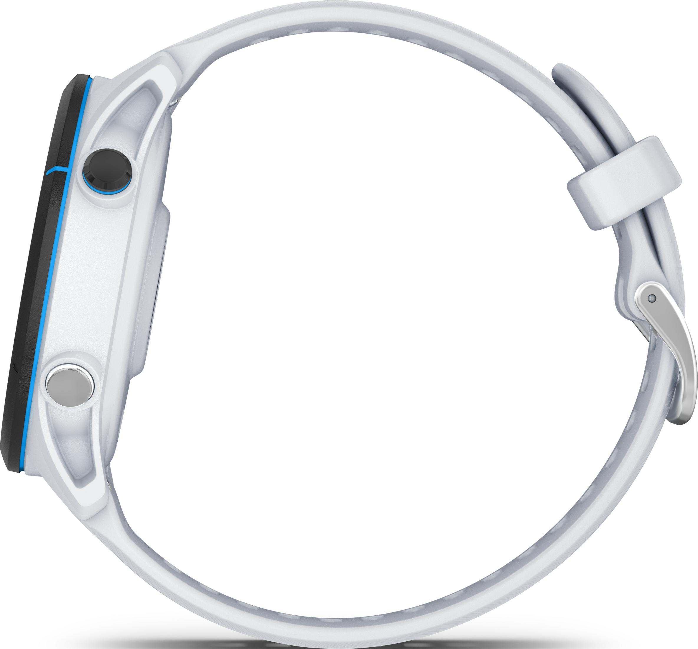 Weiße Smartwatch mit schwarzem Display und blauen Akzenten, Seitenansicht.
