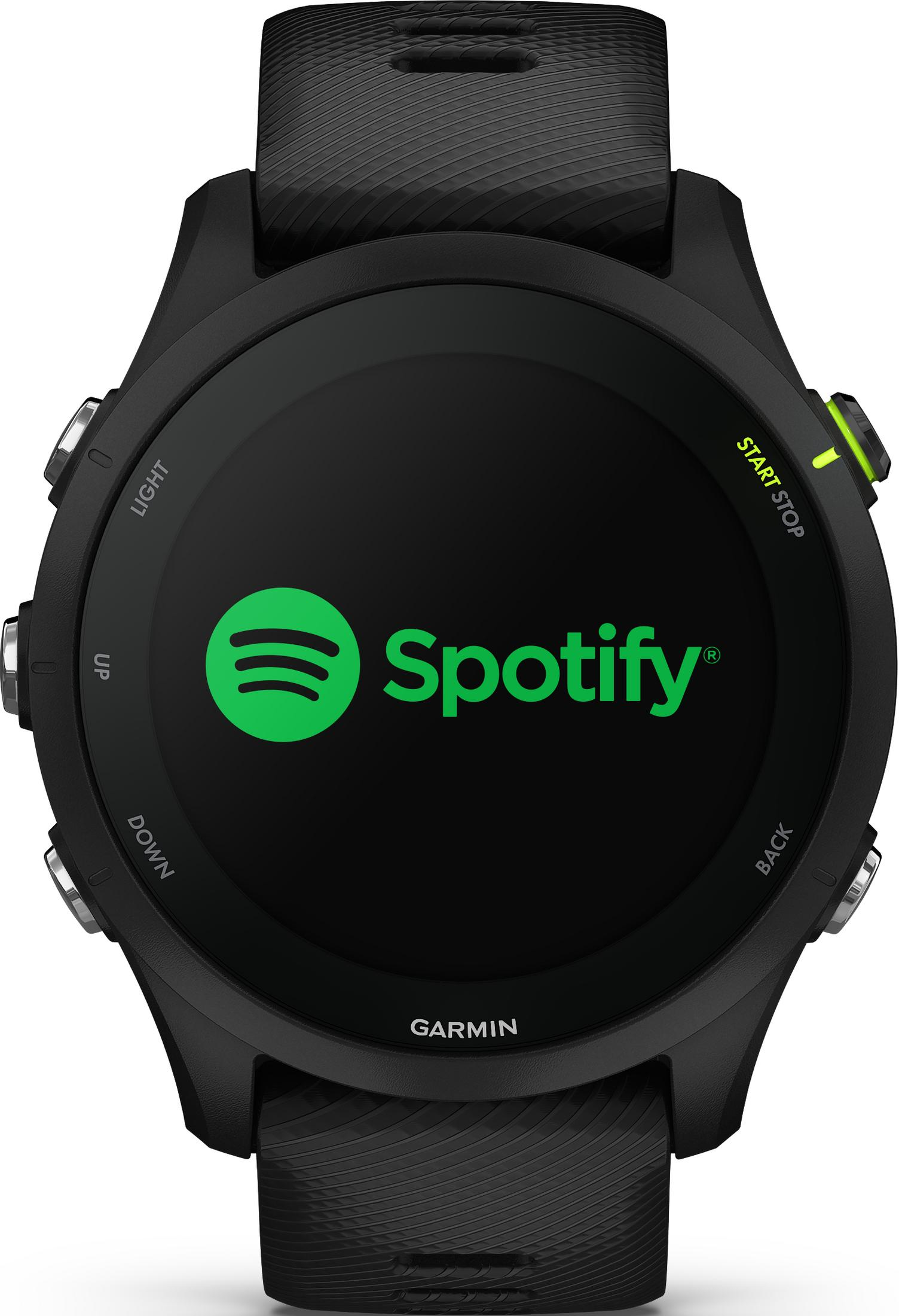 Schwarze Garmin Smartwatch mit Spotify-Logo auf dem Bildschirm.