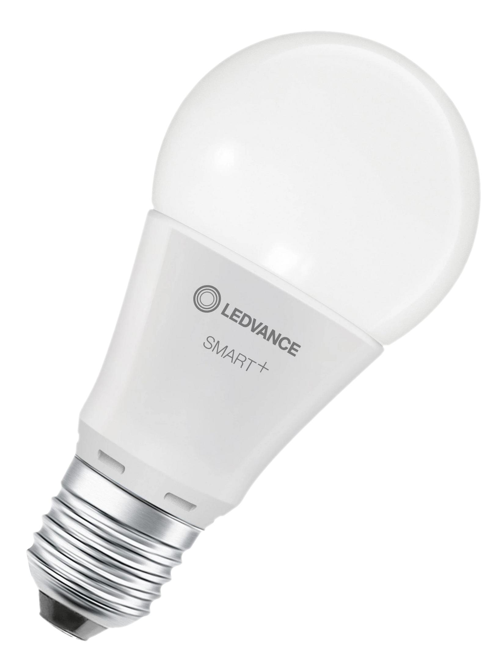Biała żarówka LEDVANCE SMART+ z metalowym gwintem na białym tle.