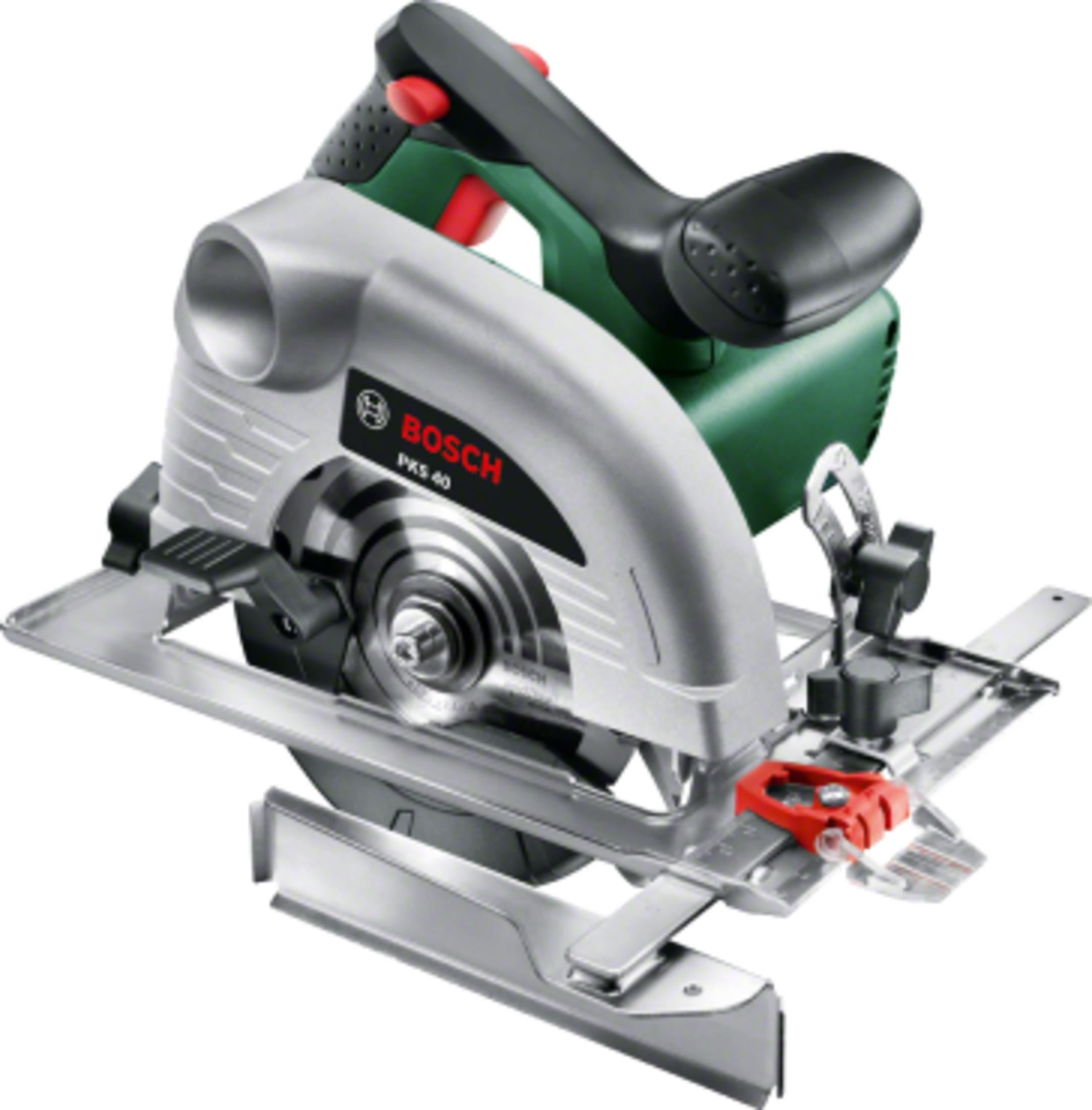 Scie circulaire Bosch PKS 40 avec carter argenté et poignée verte.