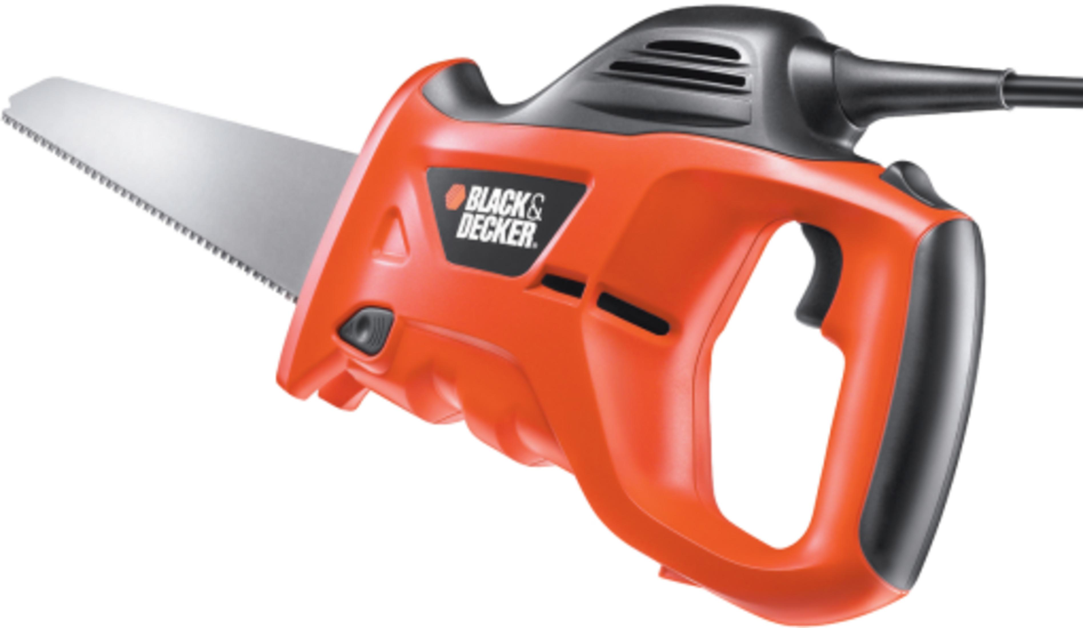 Pomarańczowa i czarna wyrzynarka Black & Decker z metalowym brzeszczotem.