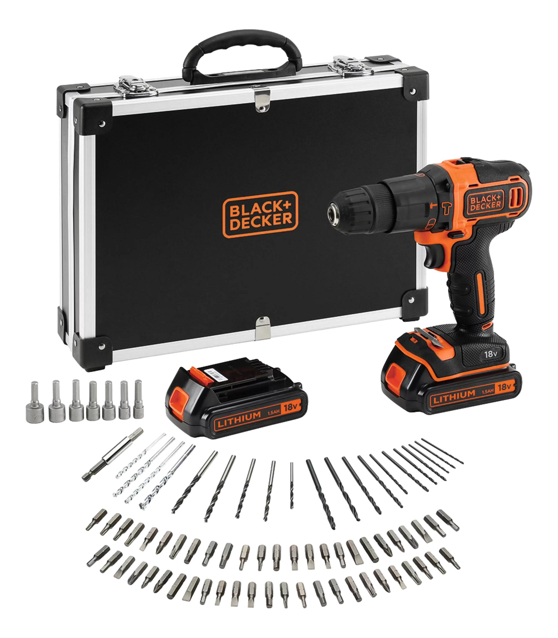 Czarna walizka z srebrnym wykończeniem, pomarańczowa wiertarka, akumulator i akcesoria.