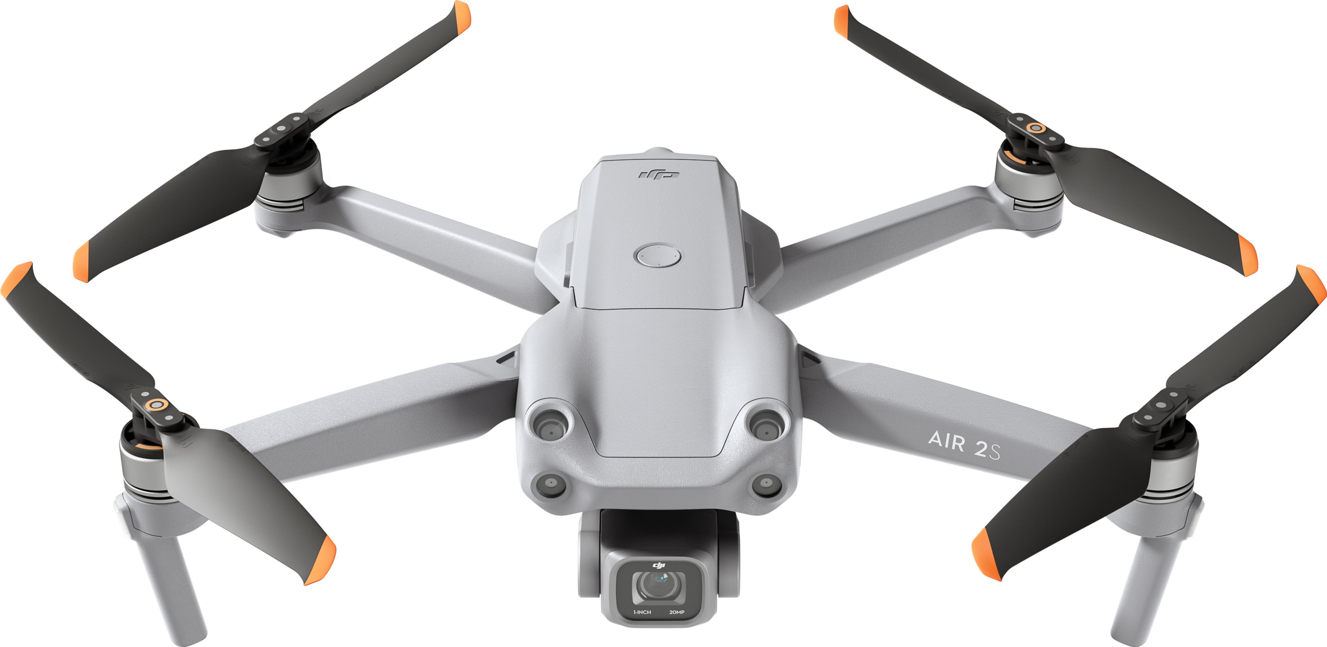 Grauer DJI Air 2S Drohne mit vier schwarzen Propellern mit orangefarbenen Spitzen.