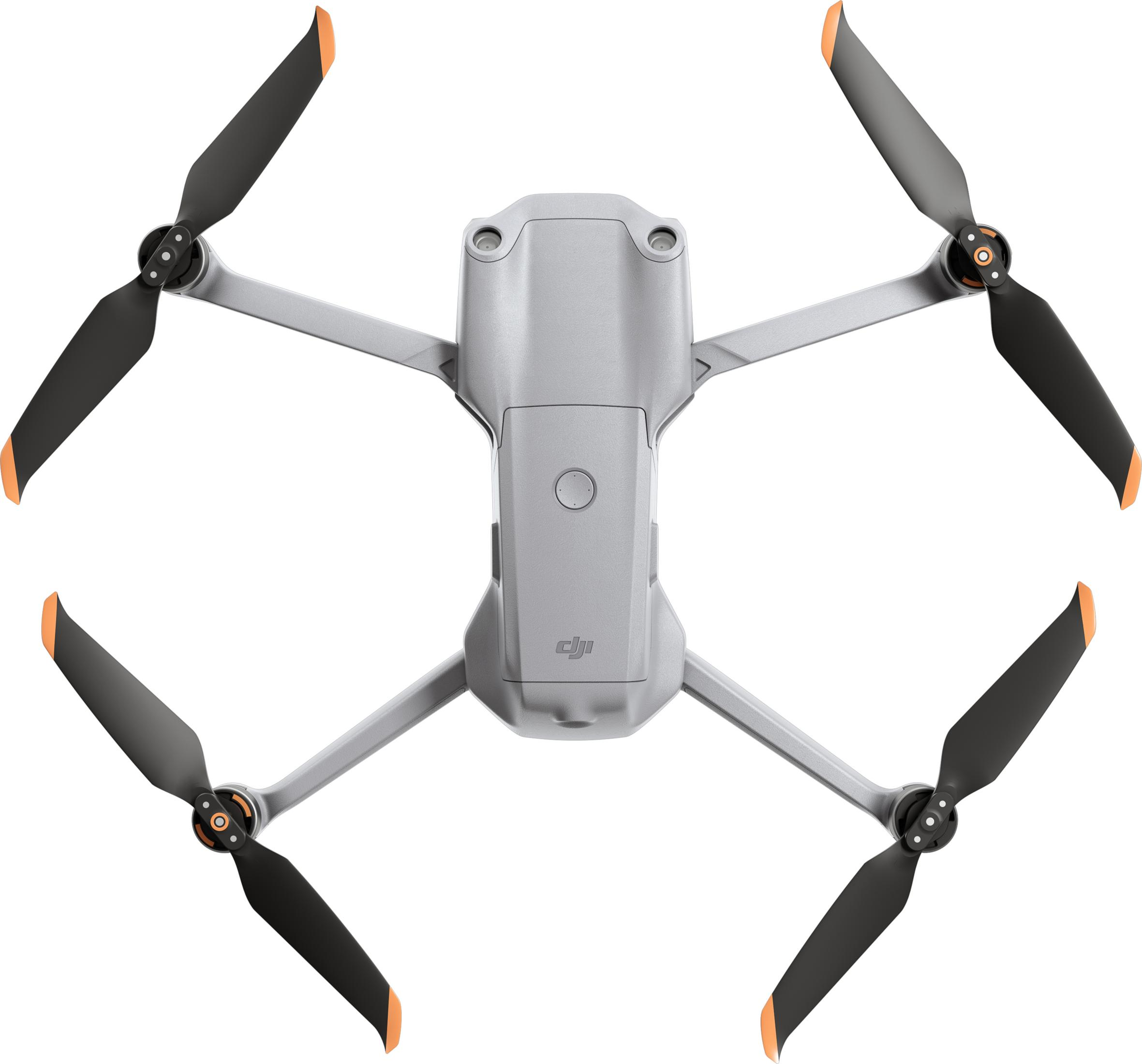 Grauer DJI Drohnenkörper mit vier schwarzen Propellern, orangefarbenen Spitzen.