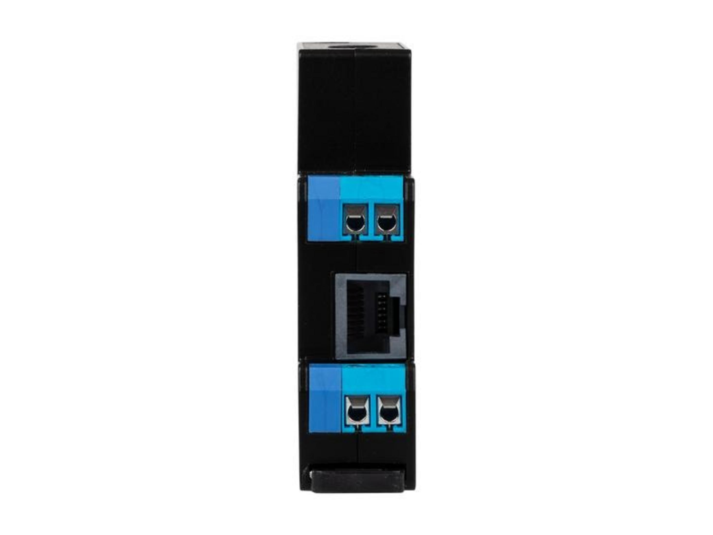 Carcasa negra con terminales azules y un conector RJ45.