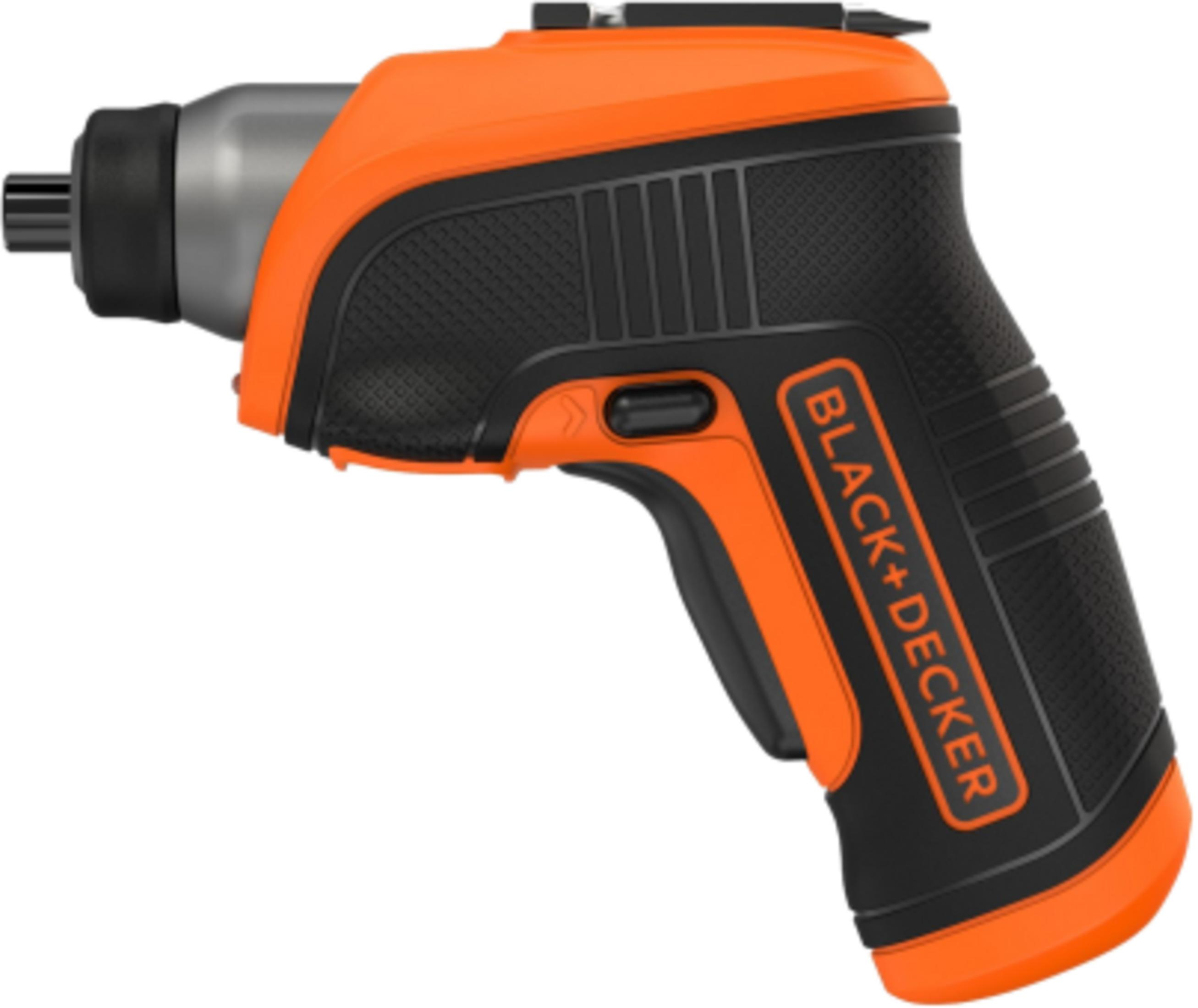 Kompaktowy, pomarańczowo-czarny akumulatorowy wkrętak BLACK+DECKER.