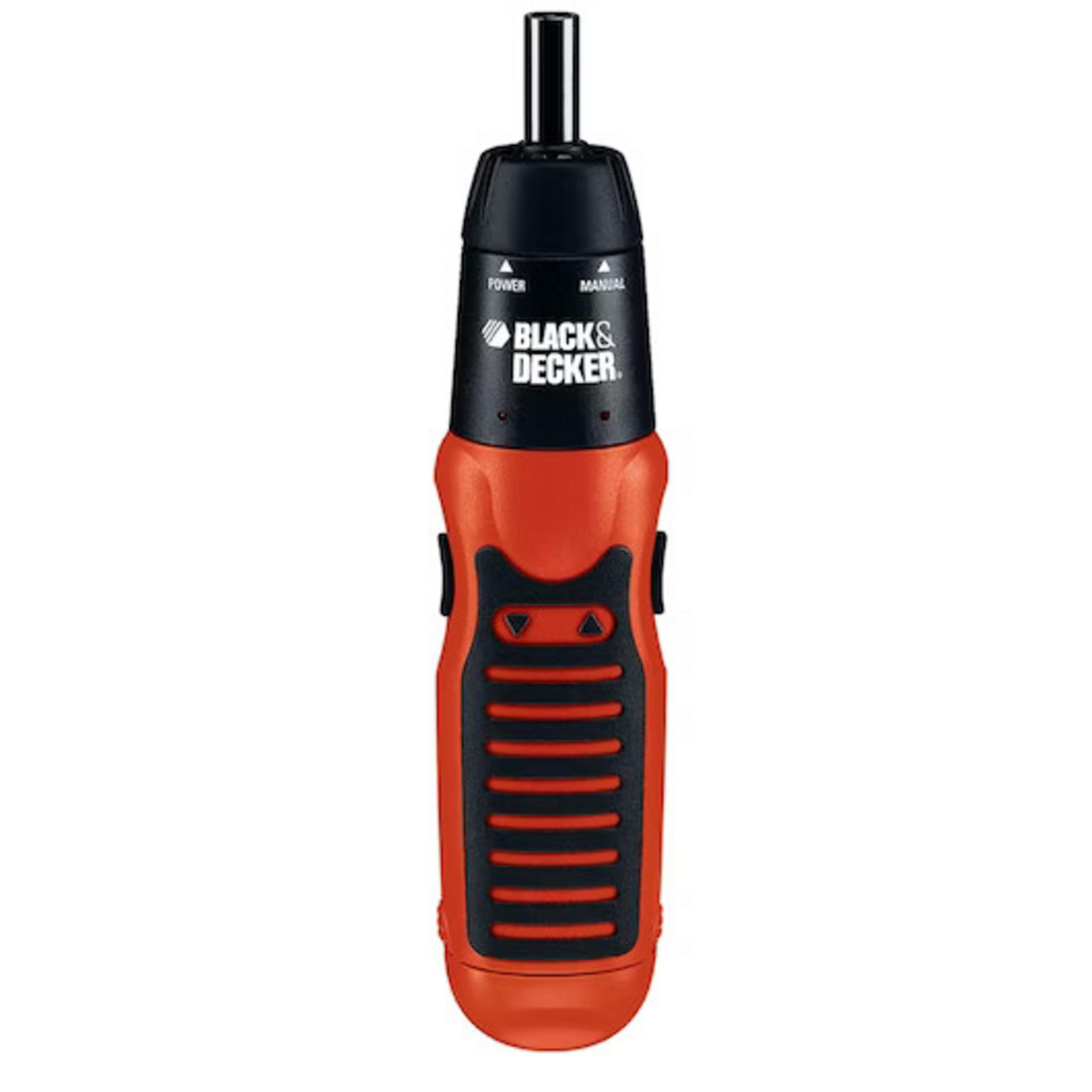Un cacciavite Black & Decker arancione e nero con punta.