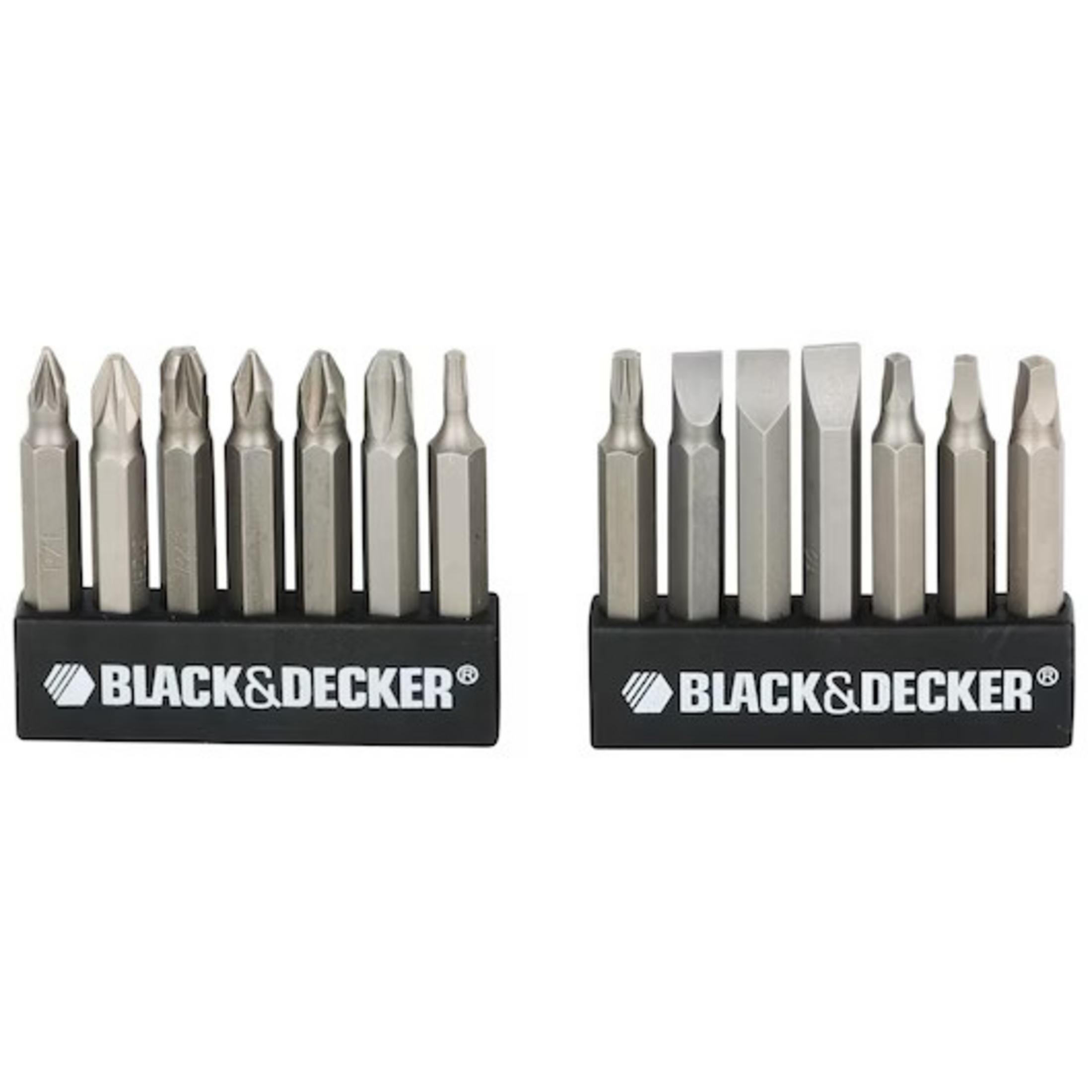 Due file di punte per cacciavite su supporti neri con logo Black & Decker.