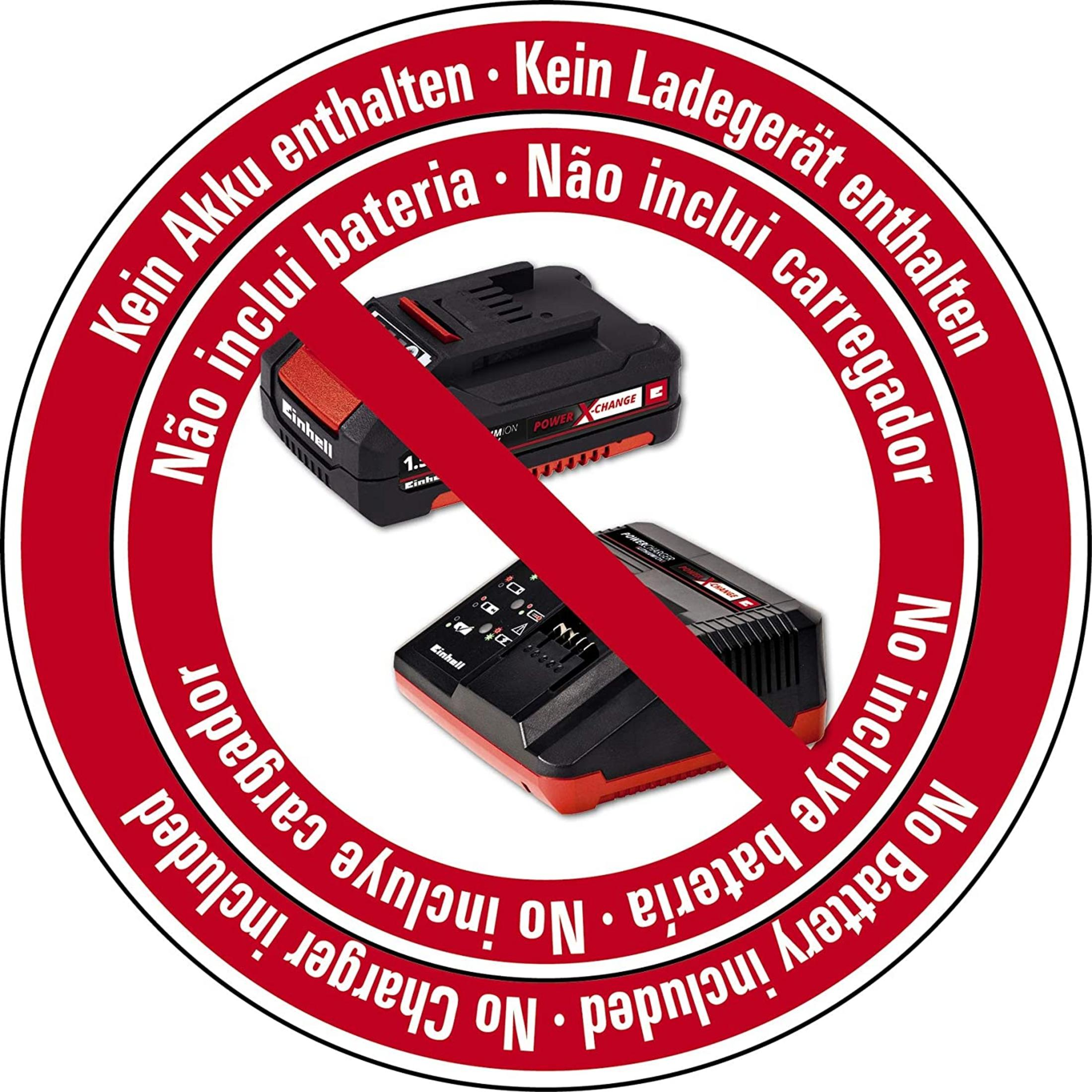 No incluye batería ni cargador. Círculo rojo con texto.