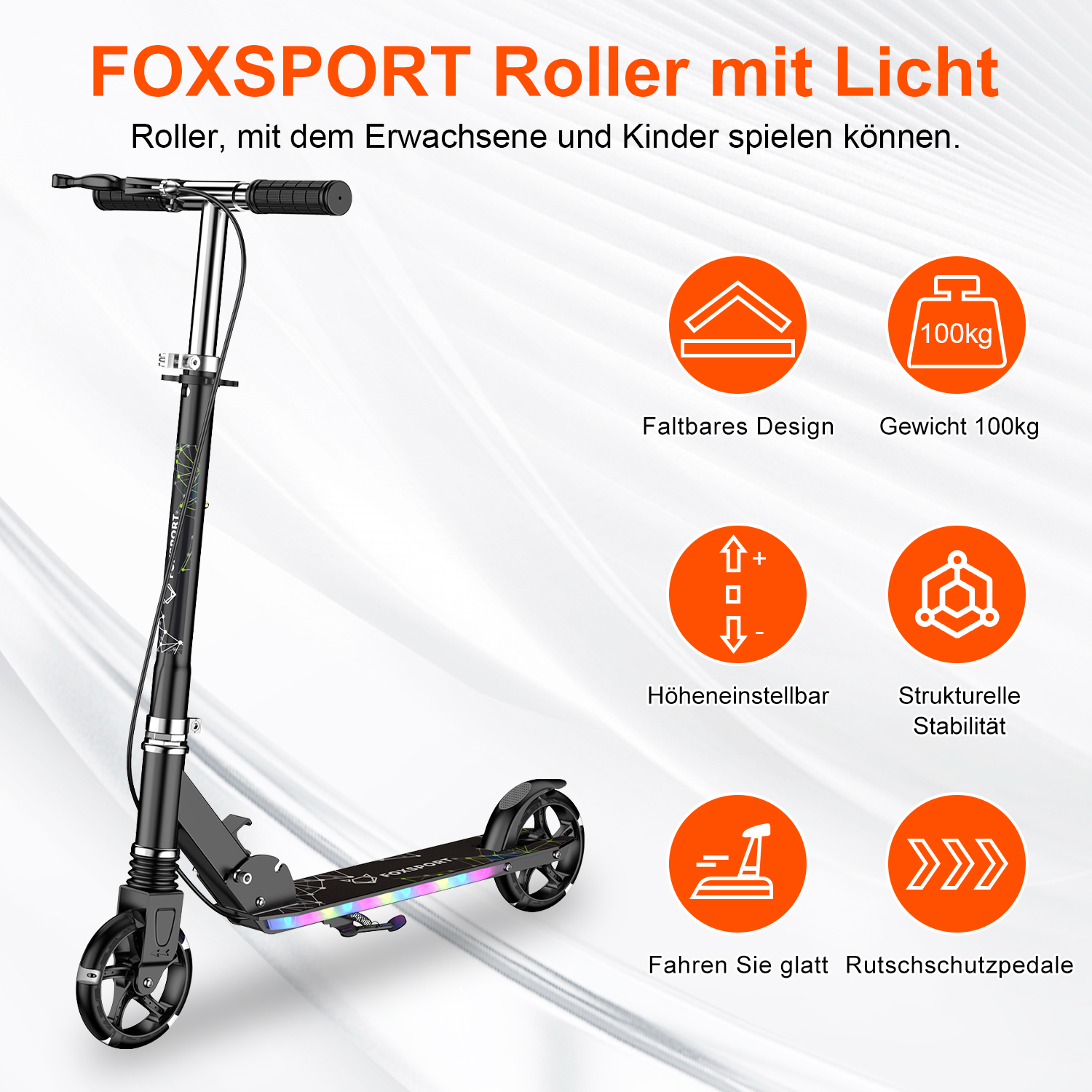 Schwarzer Roller mit Lichtstreifen, faltbar, höhenverstellbar, 100kg.