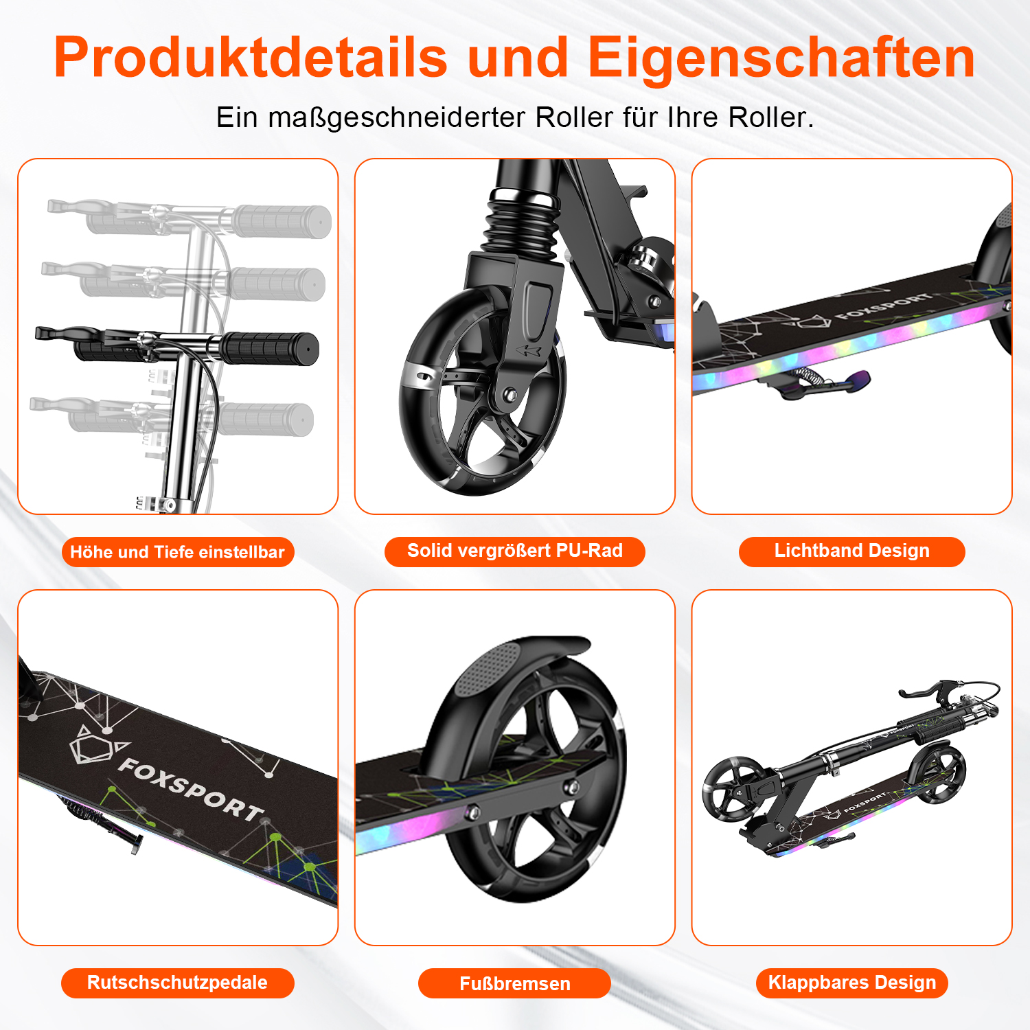 Ein Roller mit verstellbarem Lenker, PU-Rad, Lichtband, Rutschpedalen.