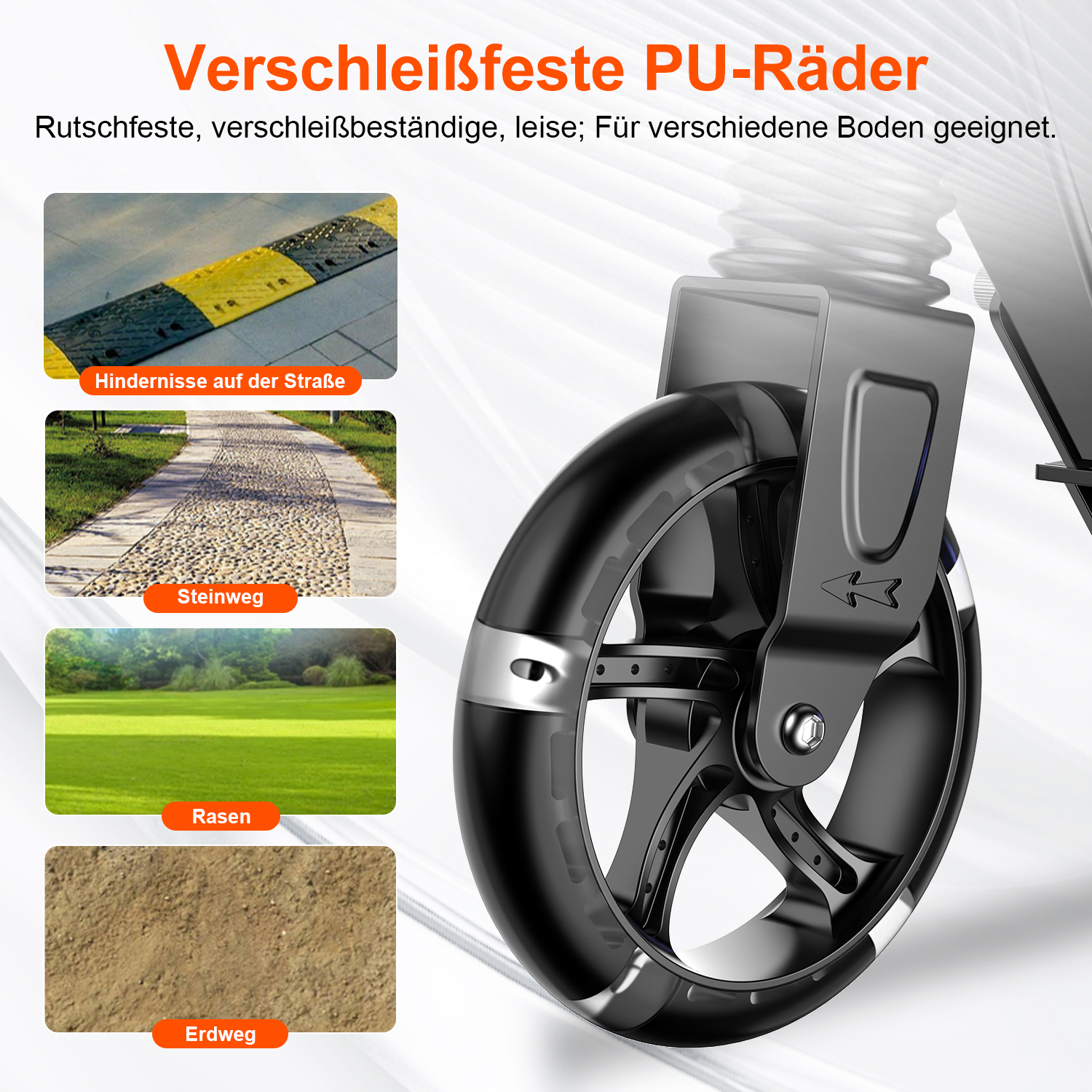 Verschleißfeste PU-Räder für Straße, Steinweg, Rasen und Erdweg.